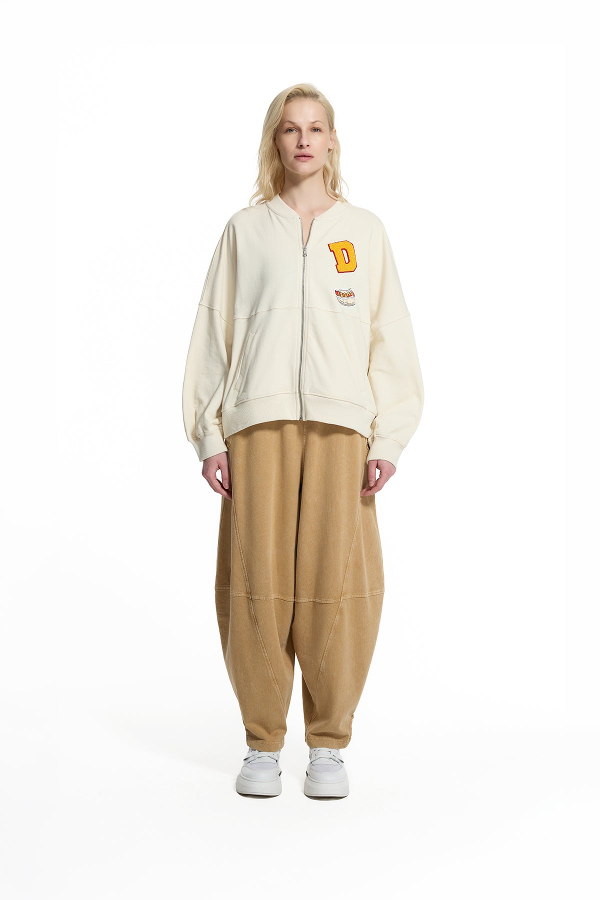 Krem Arma Patch Detaylı Fermuarlı Bomber Sweatshirt 19099