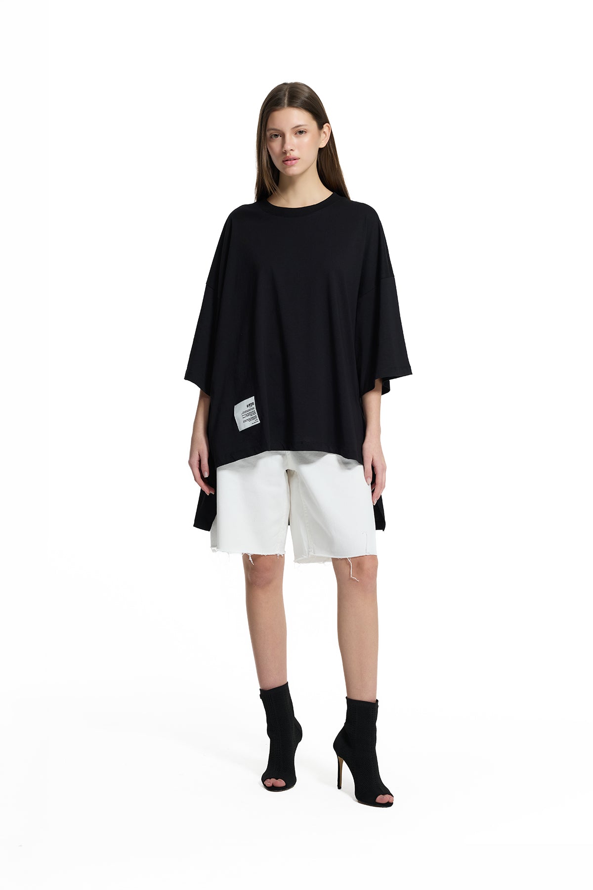 Siyah Asimetrik Oversize Basic T-Shirt 19107