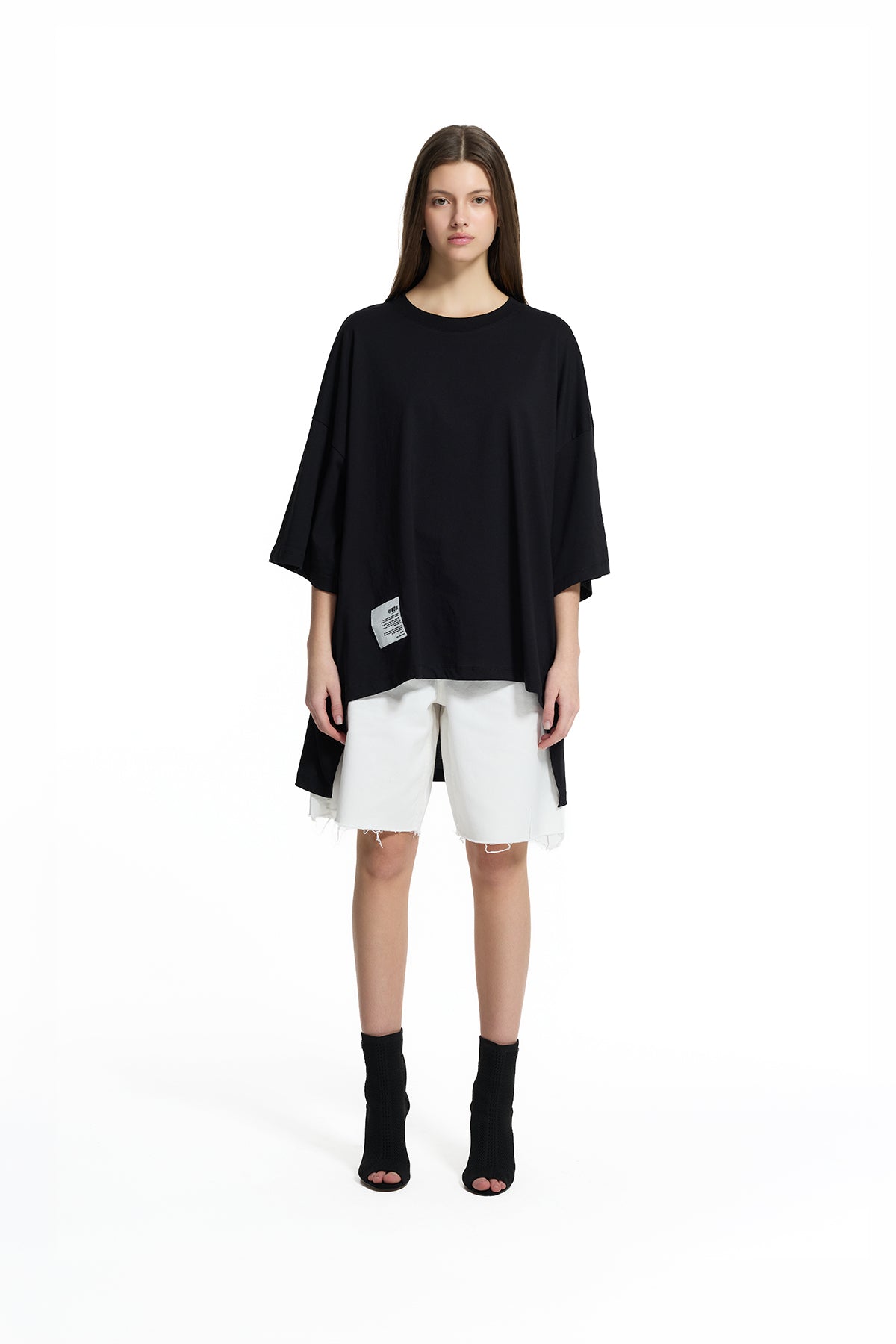 Siyah Asimetrik Oversize Basic T-Shirt 19107