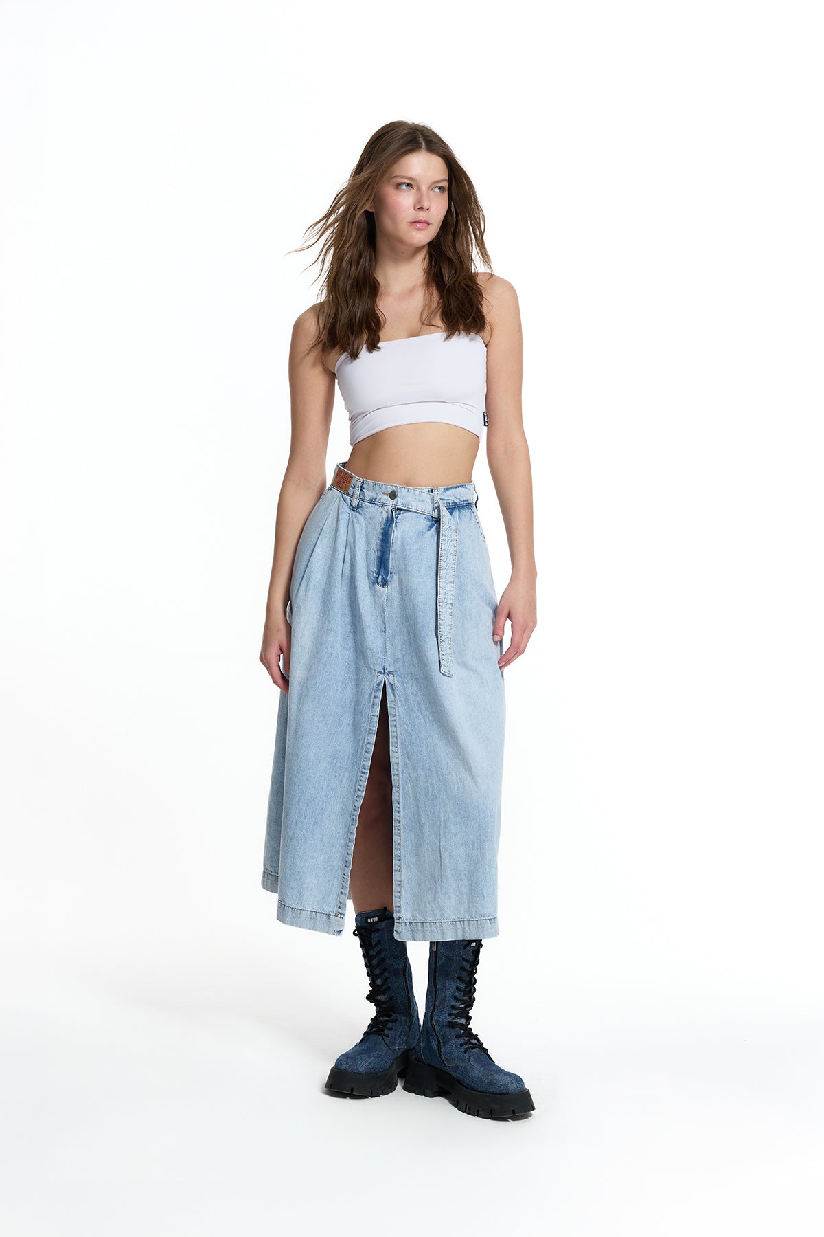 Buz Mavisi Kemerli Culotte Denim Etek 19123