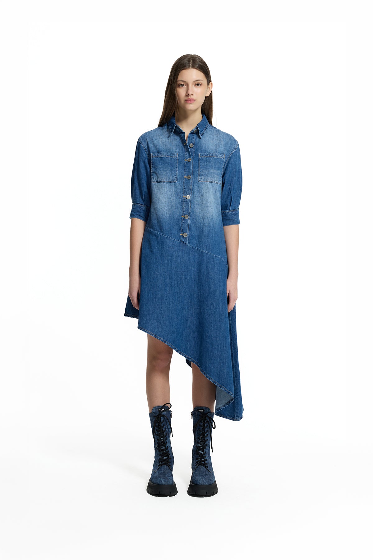 Mavi Asimetrik Denim Gömlek Elbise 19124