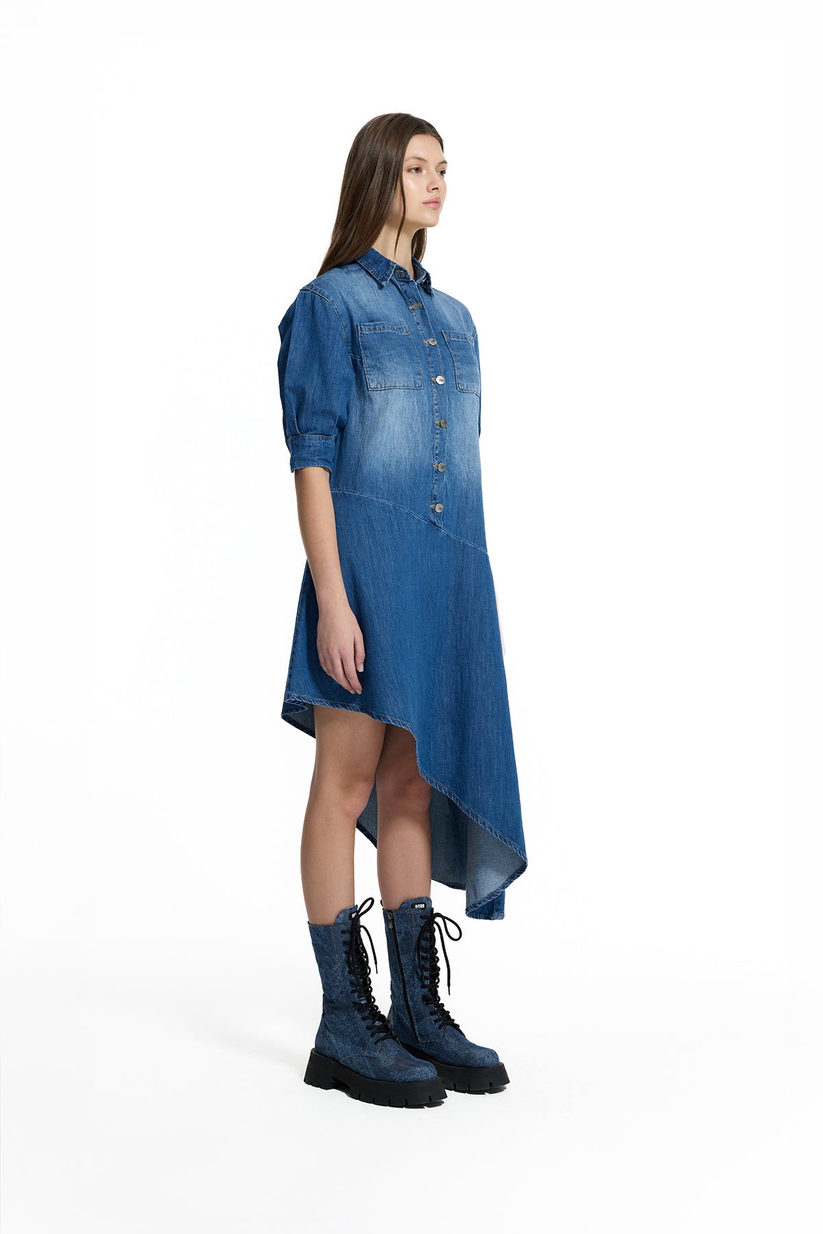 Mavi Asimetrik Denim Gömlek Elbise 19124