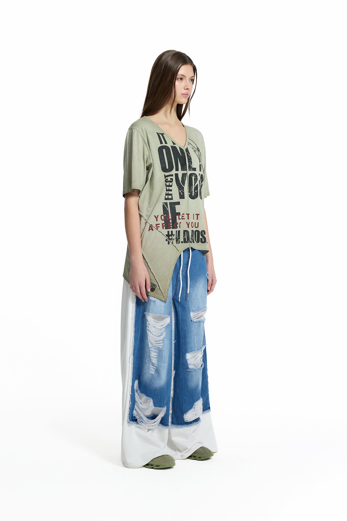 Haki Yazı Baskılı Asimetrik T-Shirt 19140