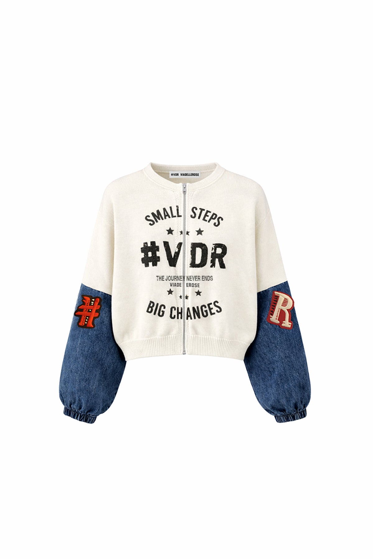 Ekru Mavi Kontrast Denim Kol Bomber Kazak 19173