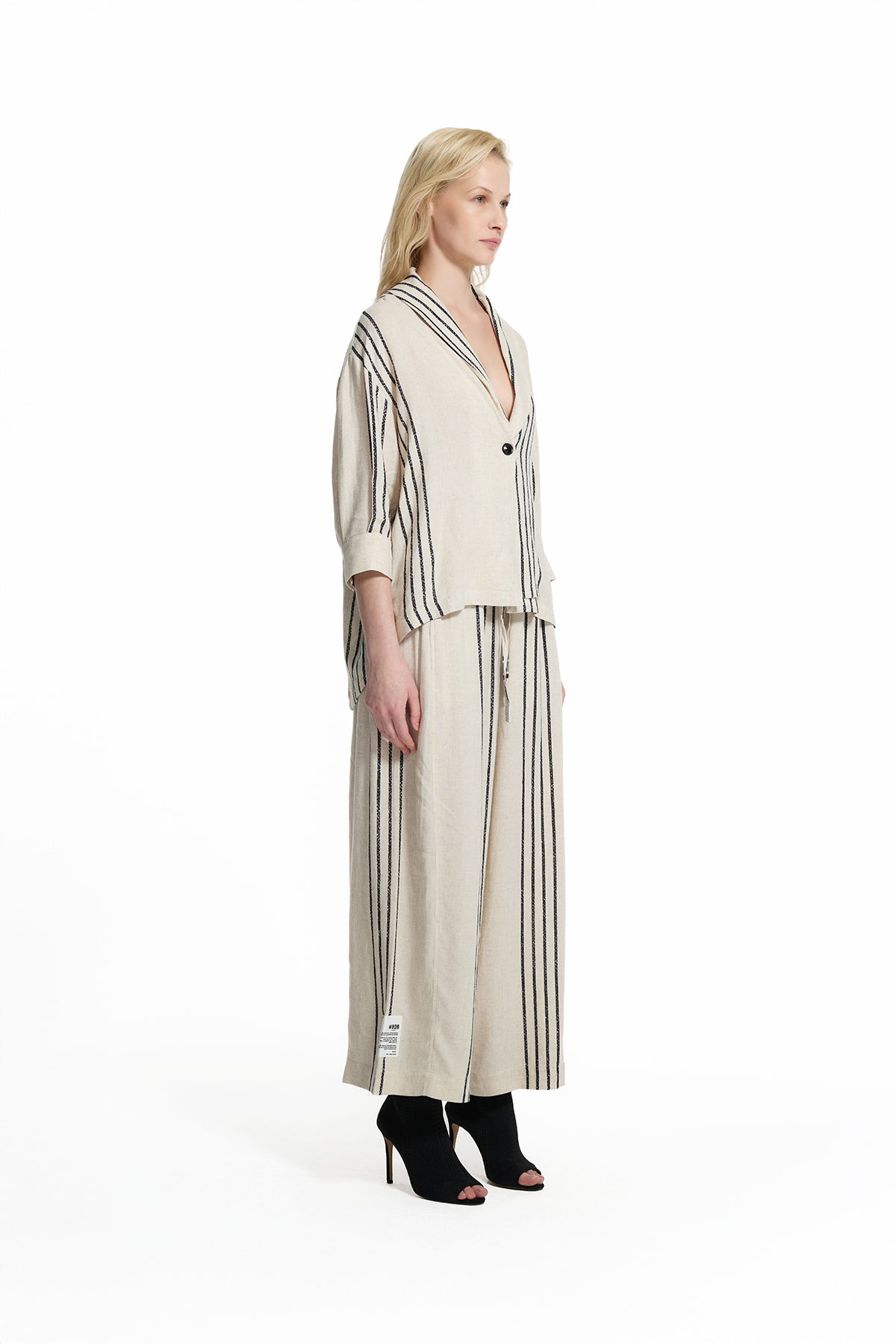 Bej Siyah Çizgili Keten Gömlek Ceket 19179