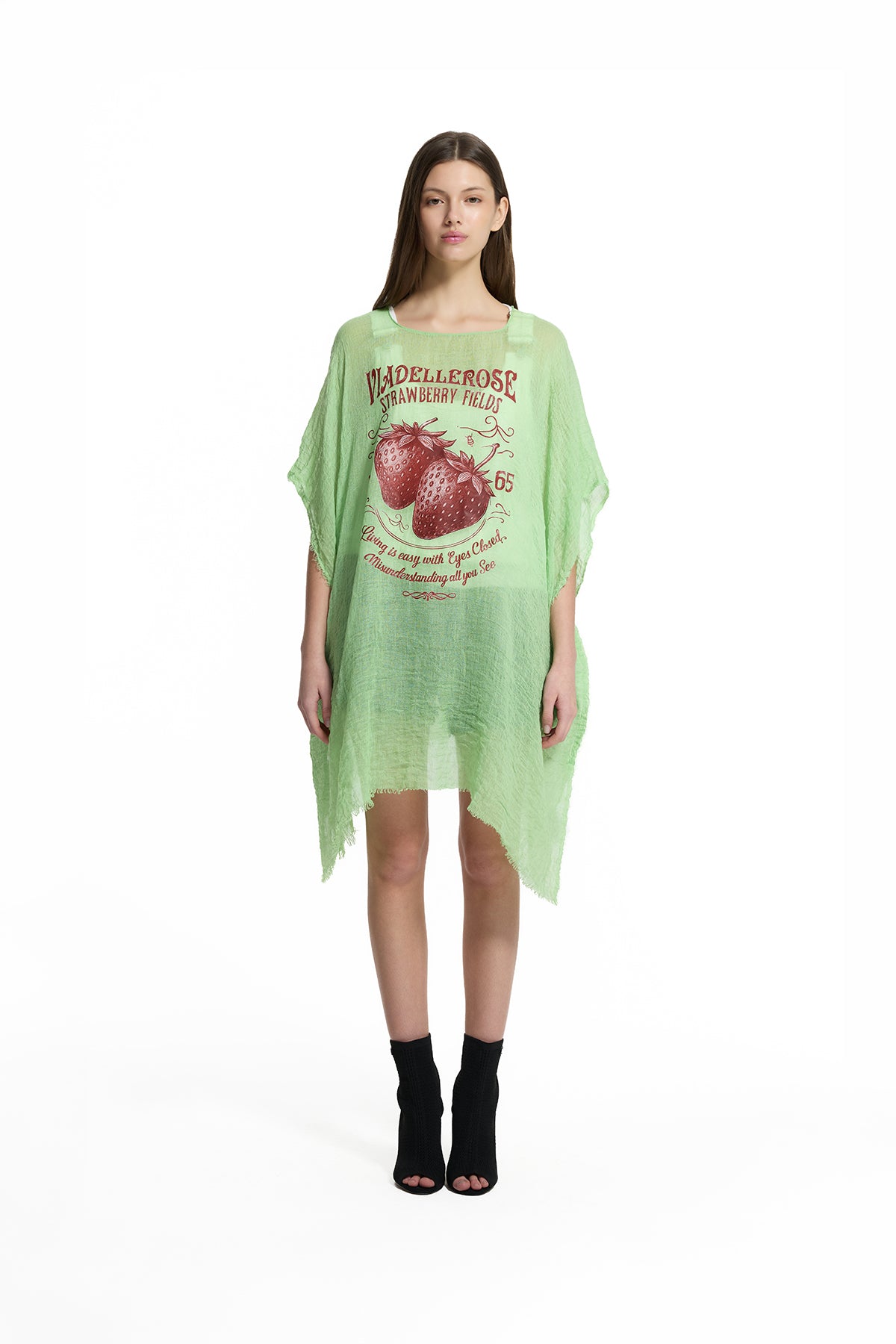 Fıstık Yeşili Çilek Baskılı Oversize Pareo 19212