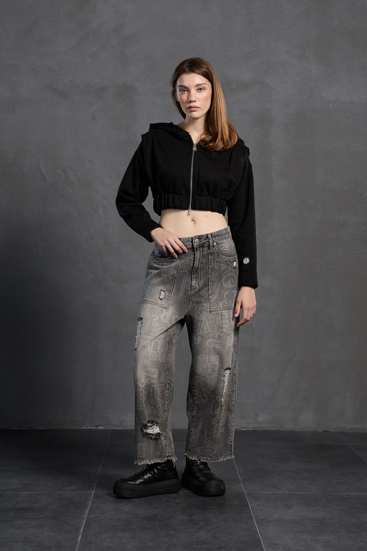 Siyah Fermuarli Crop Sweatshirt 18019