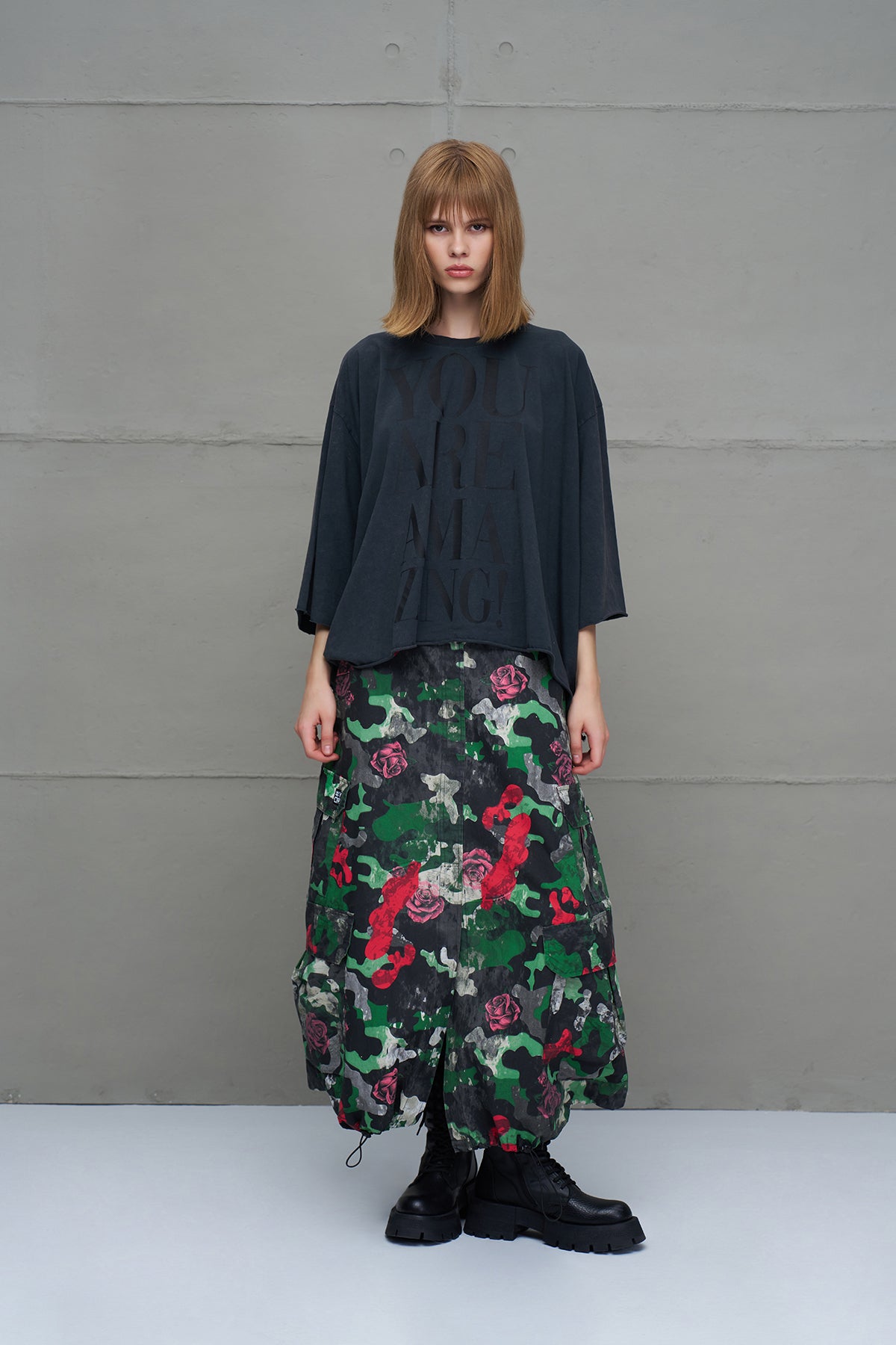 Camo Kamuflaj Desenli Oversize Midi Etek 18028