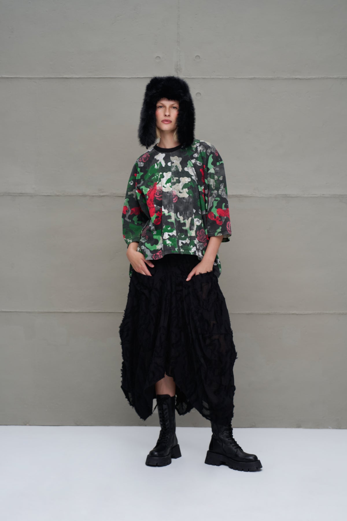Camo Kamuflaj Desenli Asimetrik Oversize T-Shirt 18029