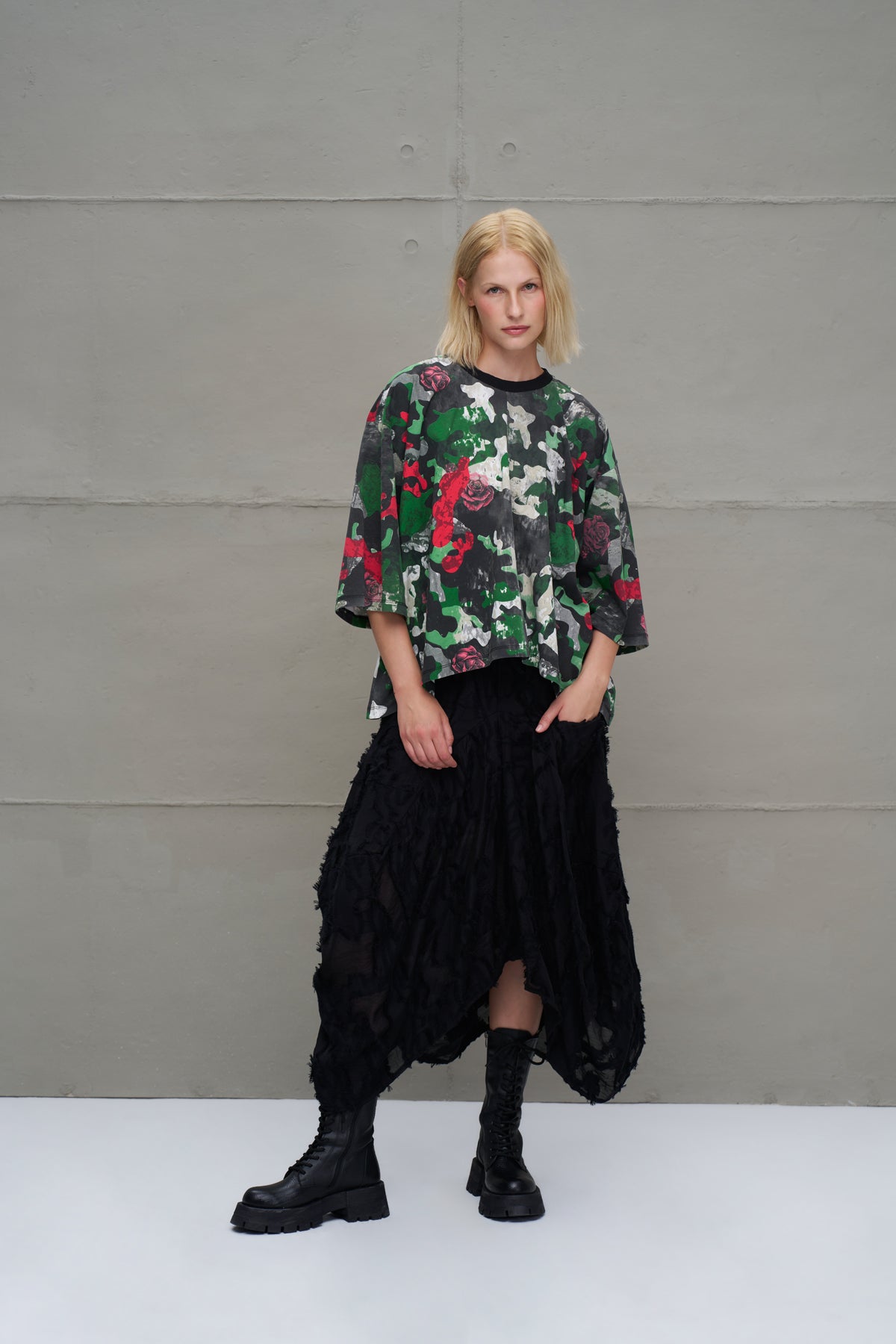 Camo Kamuflaj Desenli Asimetrik Oversize T-Shirt 18029