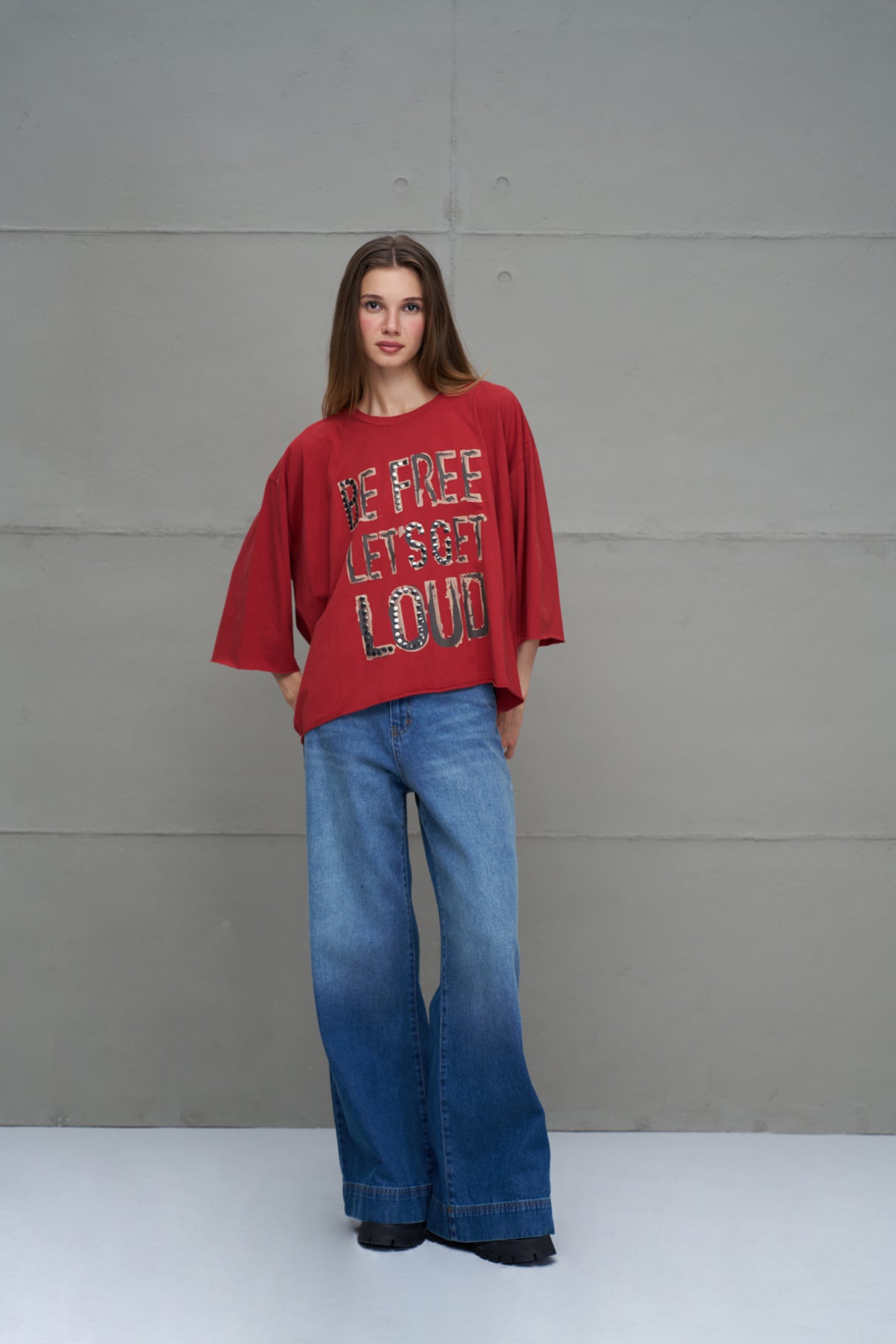 Bordo Sloganli Asimetrik Oversize T-Shirt 18035