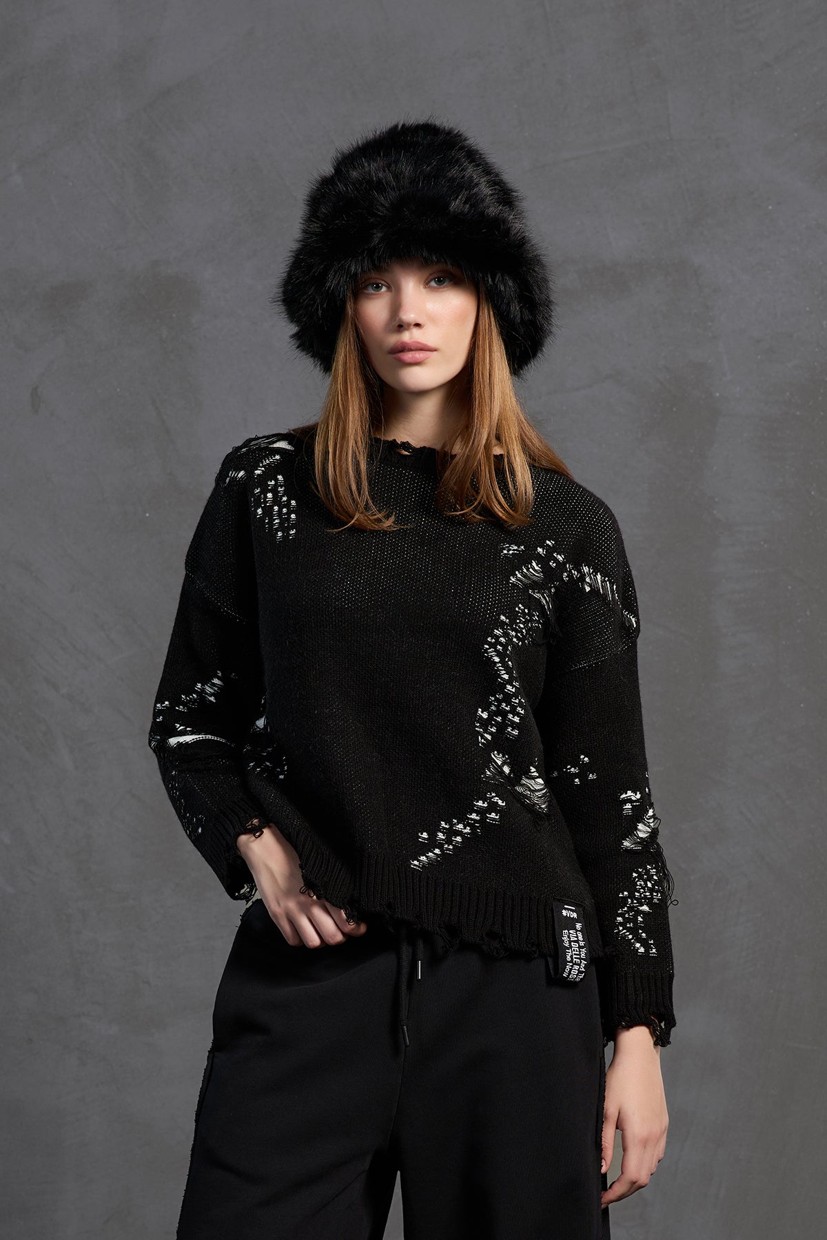 Siyah Ekru Oversize Triko Kazak 18051