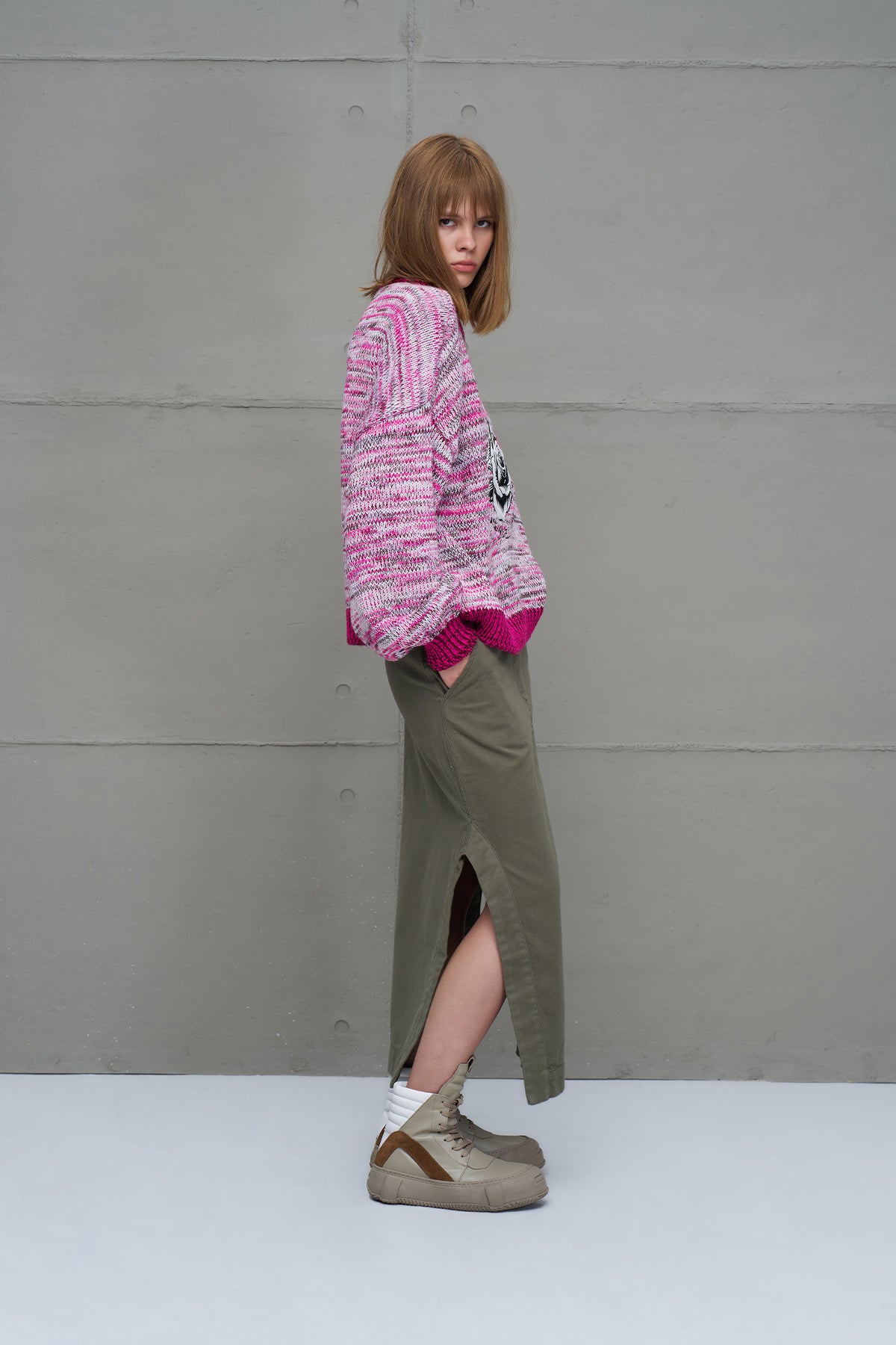 Pembe Beyaz Oversize Triko Kazak 18054