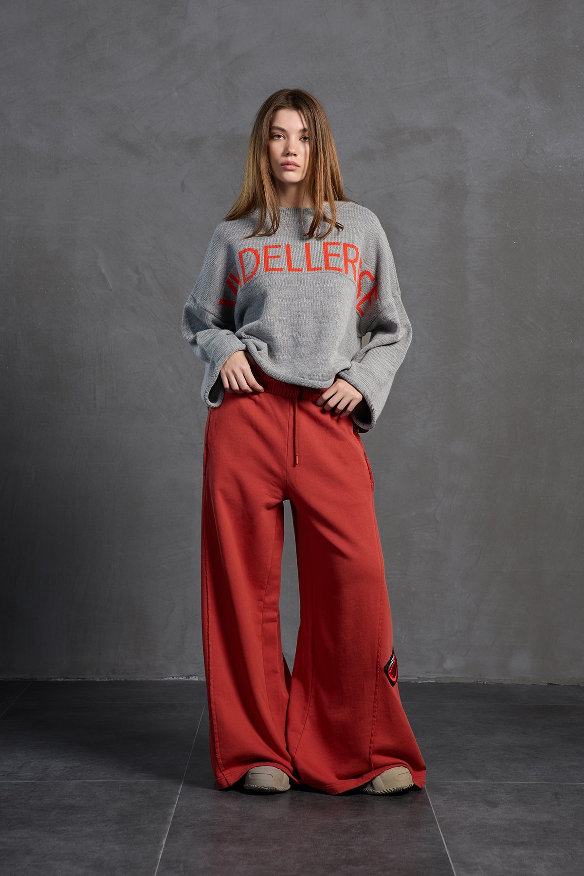 Gri Melanj Baskili Oversize Kazak 18057