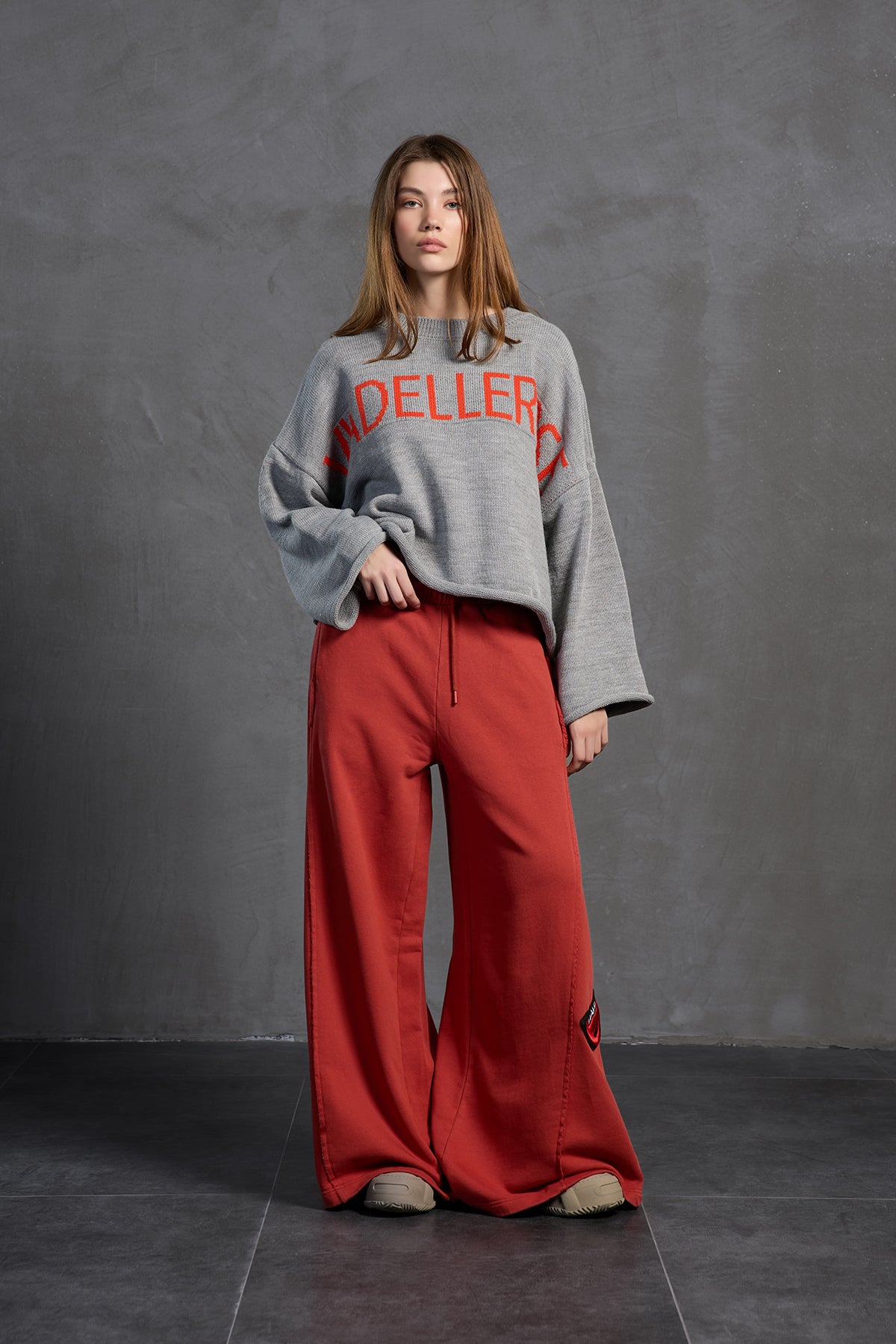 Gri Melanj Baskili Oversize Kazak 18057