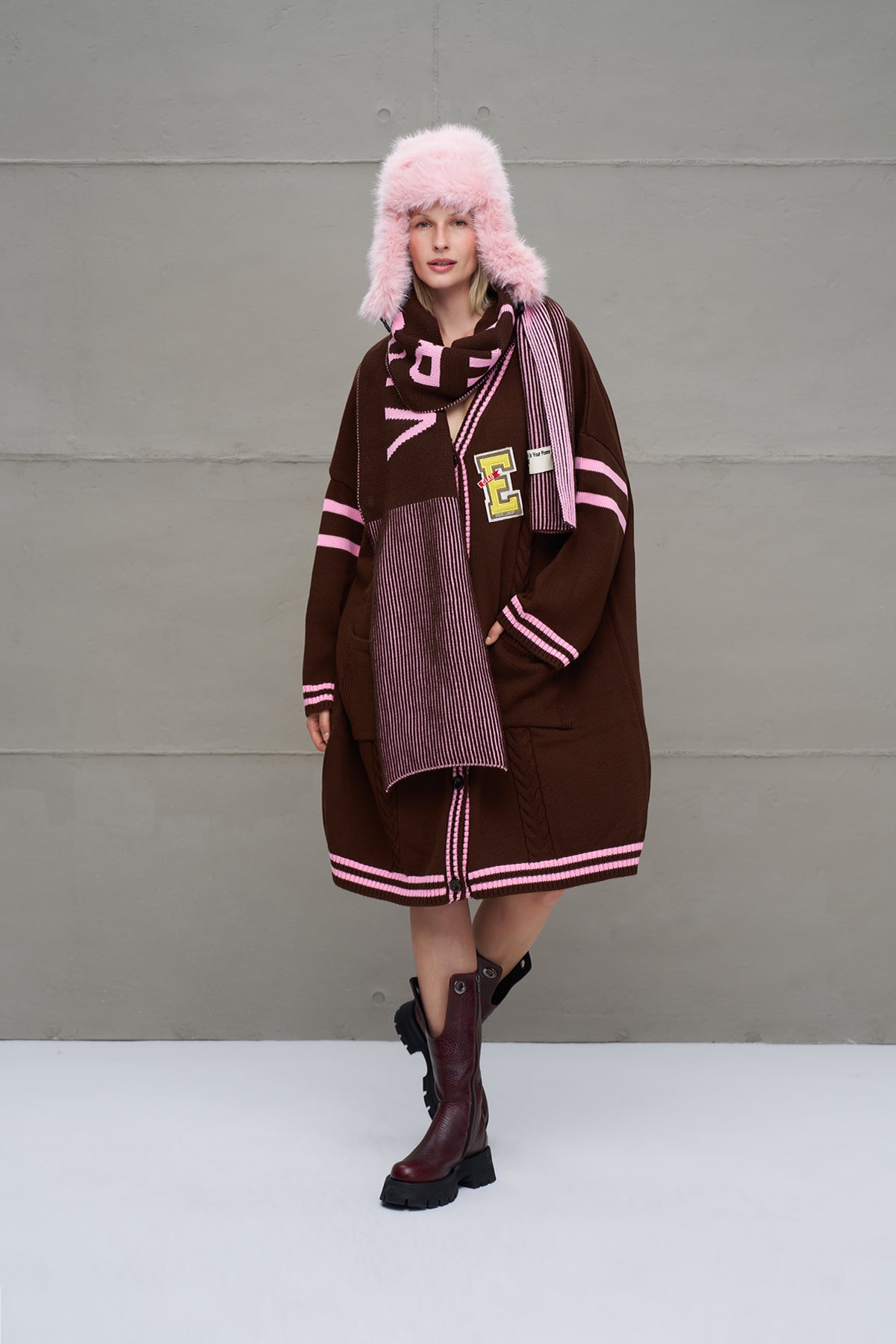 Kahverengi Pembe Uzun Oversize Triko Hirka 18058