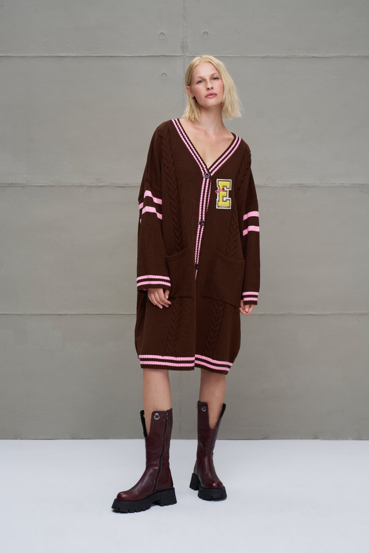 Kahverengi Pembe Uzun Oversize Triko Hirka 18058