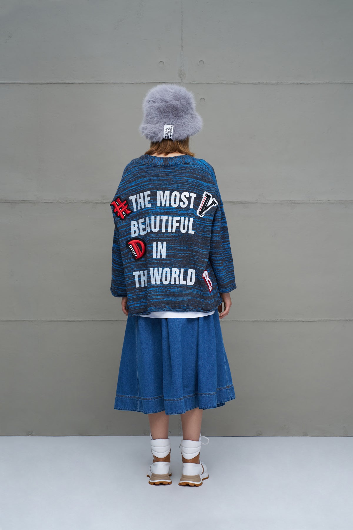 Antrasit Mavi Sloganli Oversize Triko Hirka 18062