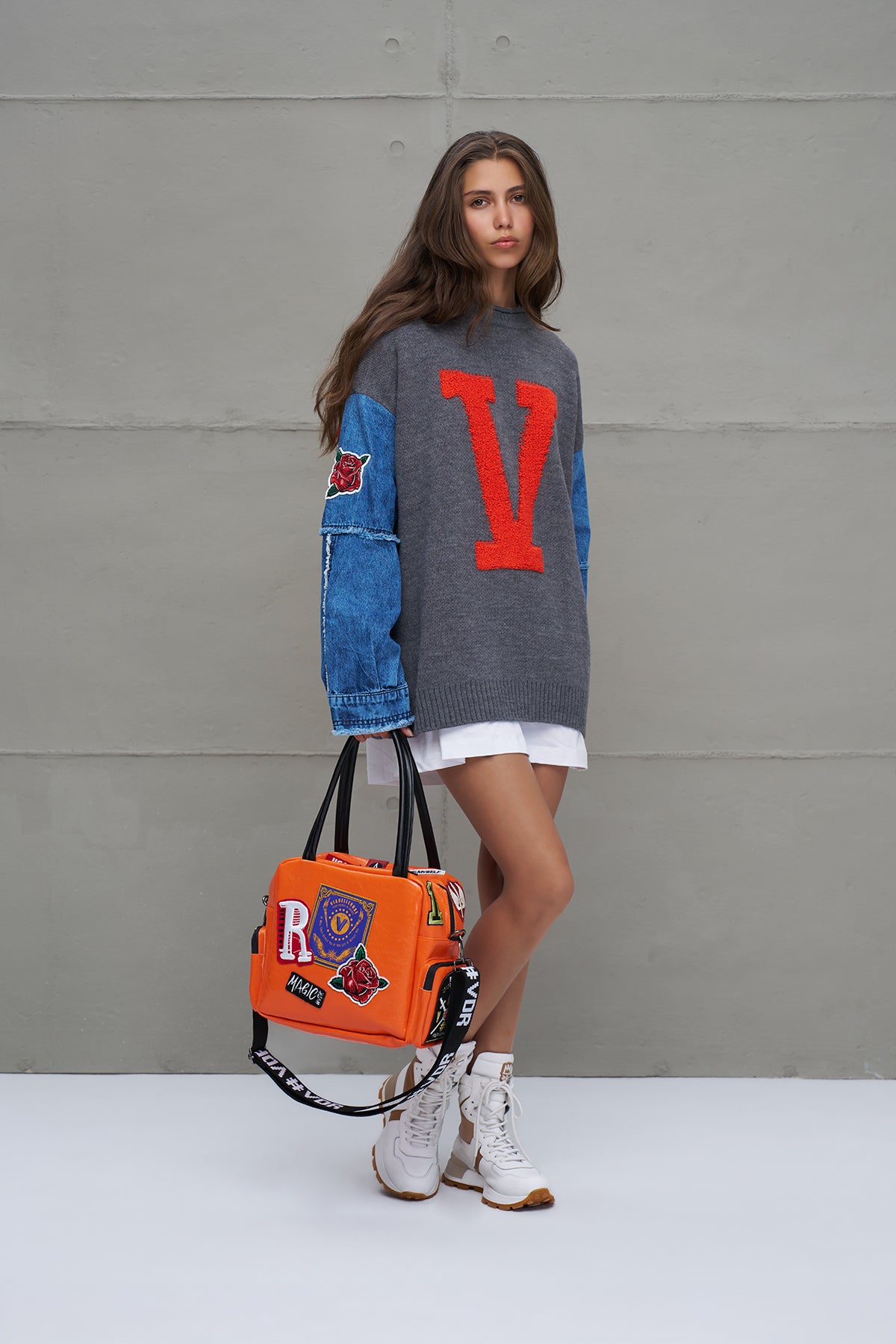 Gri Melanj Mavi Baskili Oversize Triko Kazak 18073