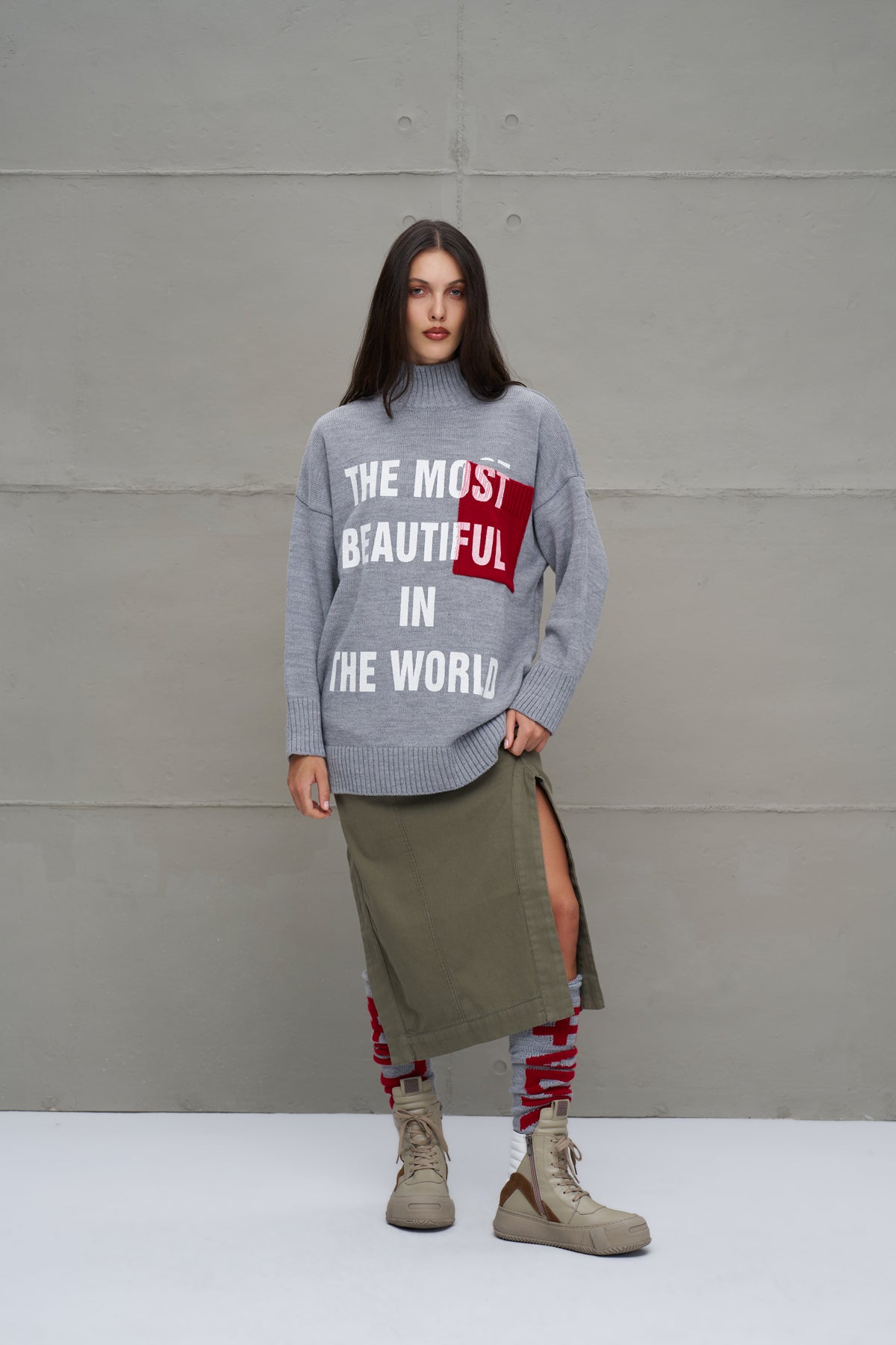 Gri Melanj Sloganli Oversize Triko Kazak 18075