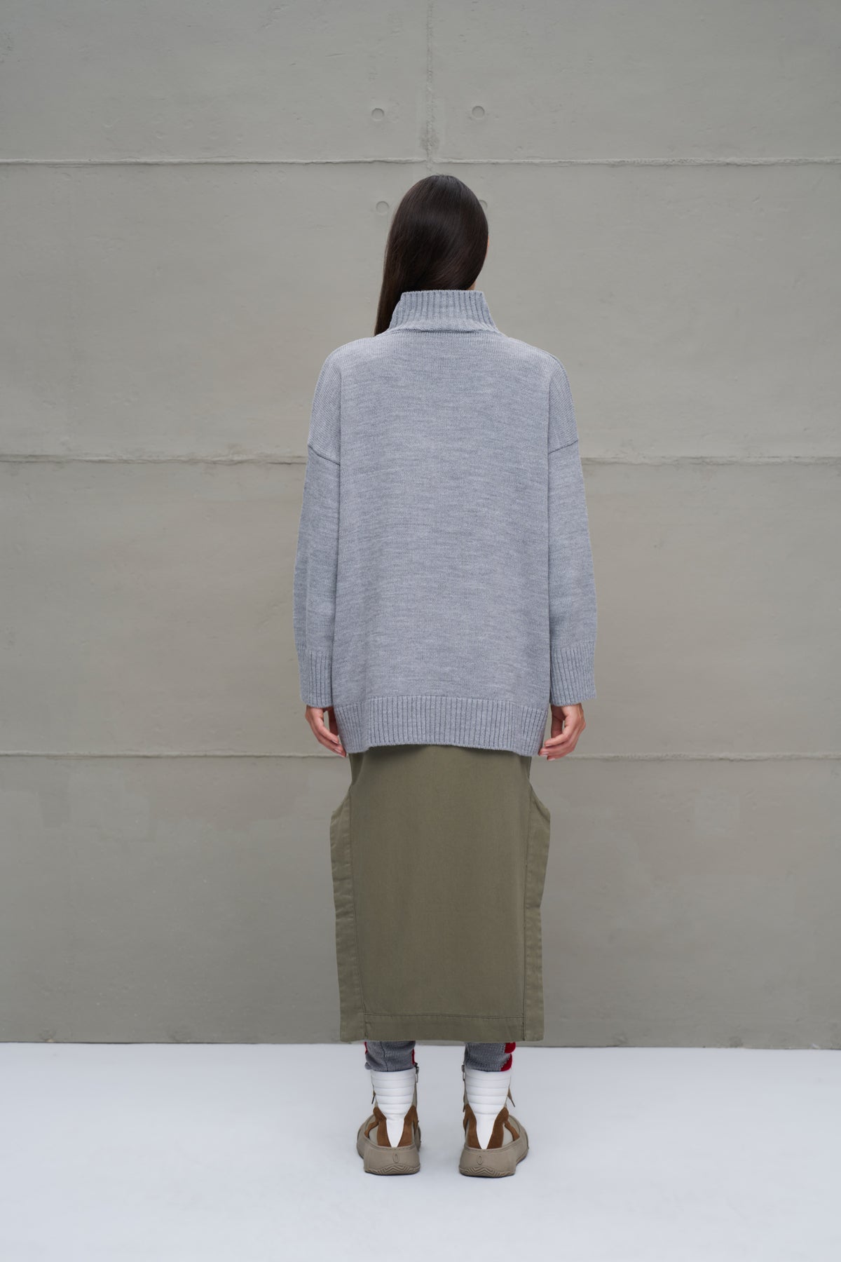 Gri Melanj Sloganli Oversize Triko Kazak 18075