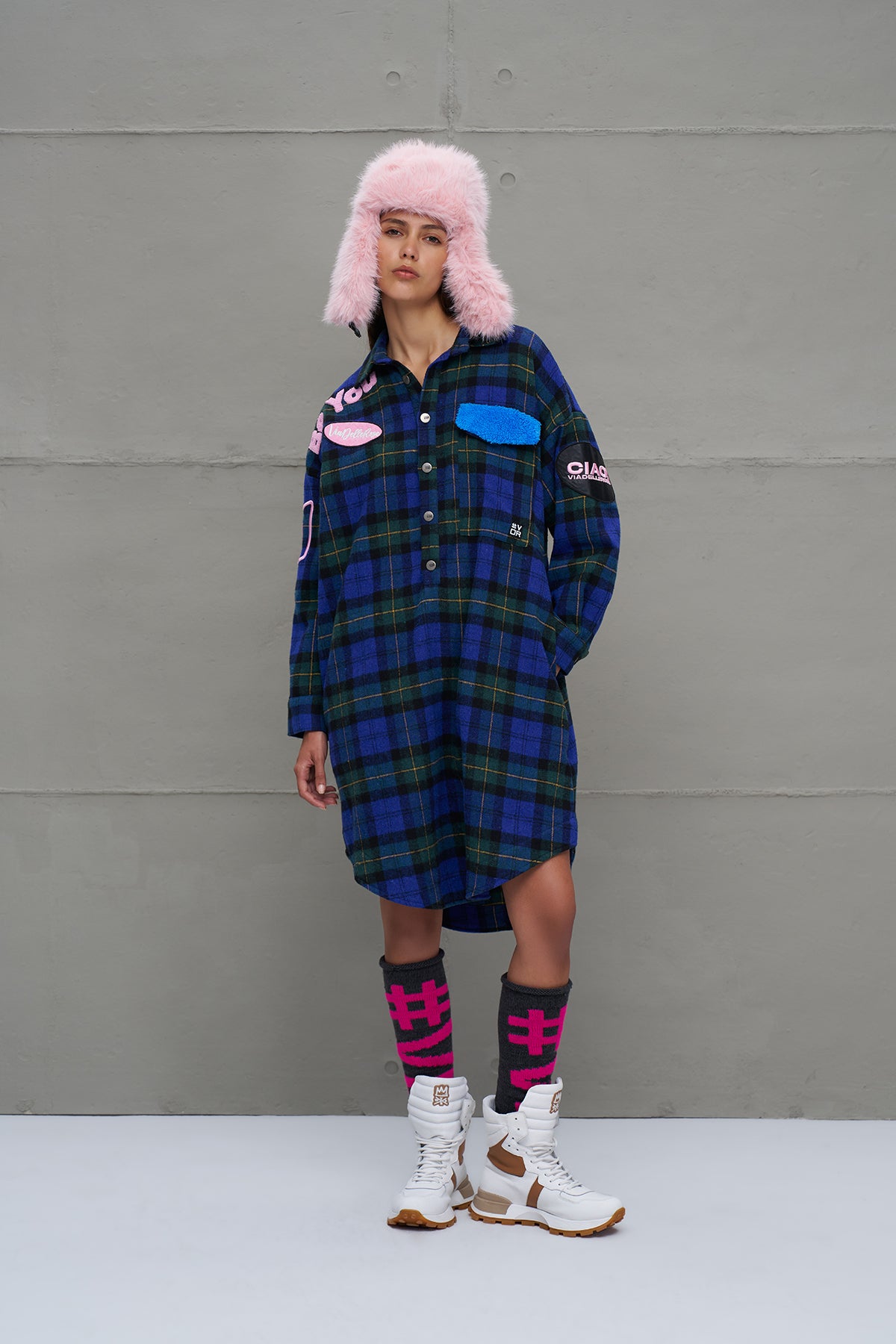 Saks Mavisi Siyah Ekose Oversize Uzun Gömlek 18114