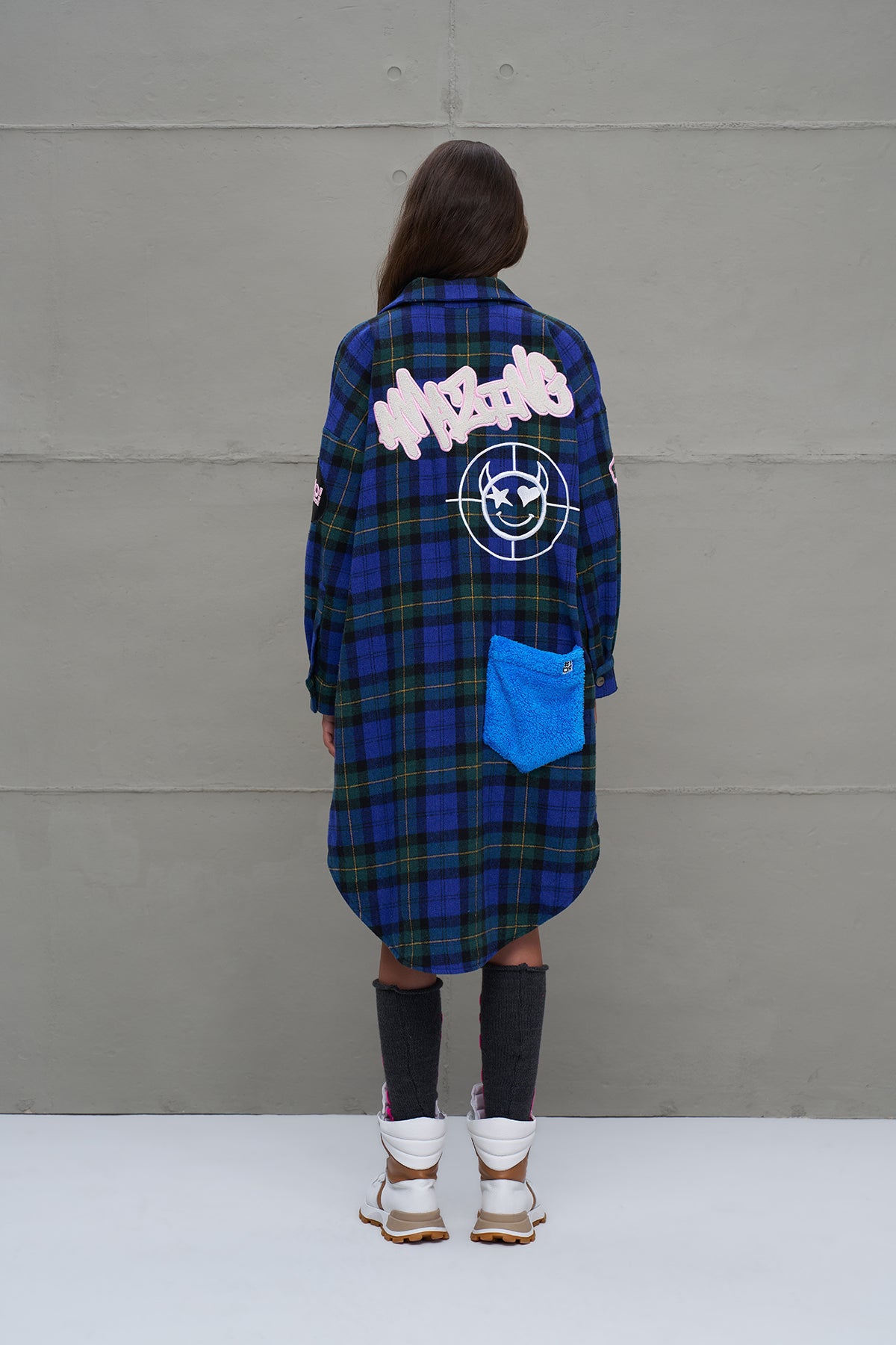 Saks Mavisi Siyah Ekose Oversize Uzun Gömlek 18114