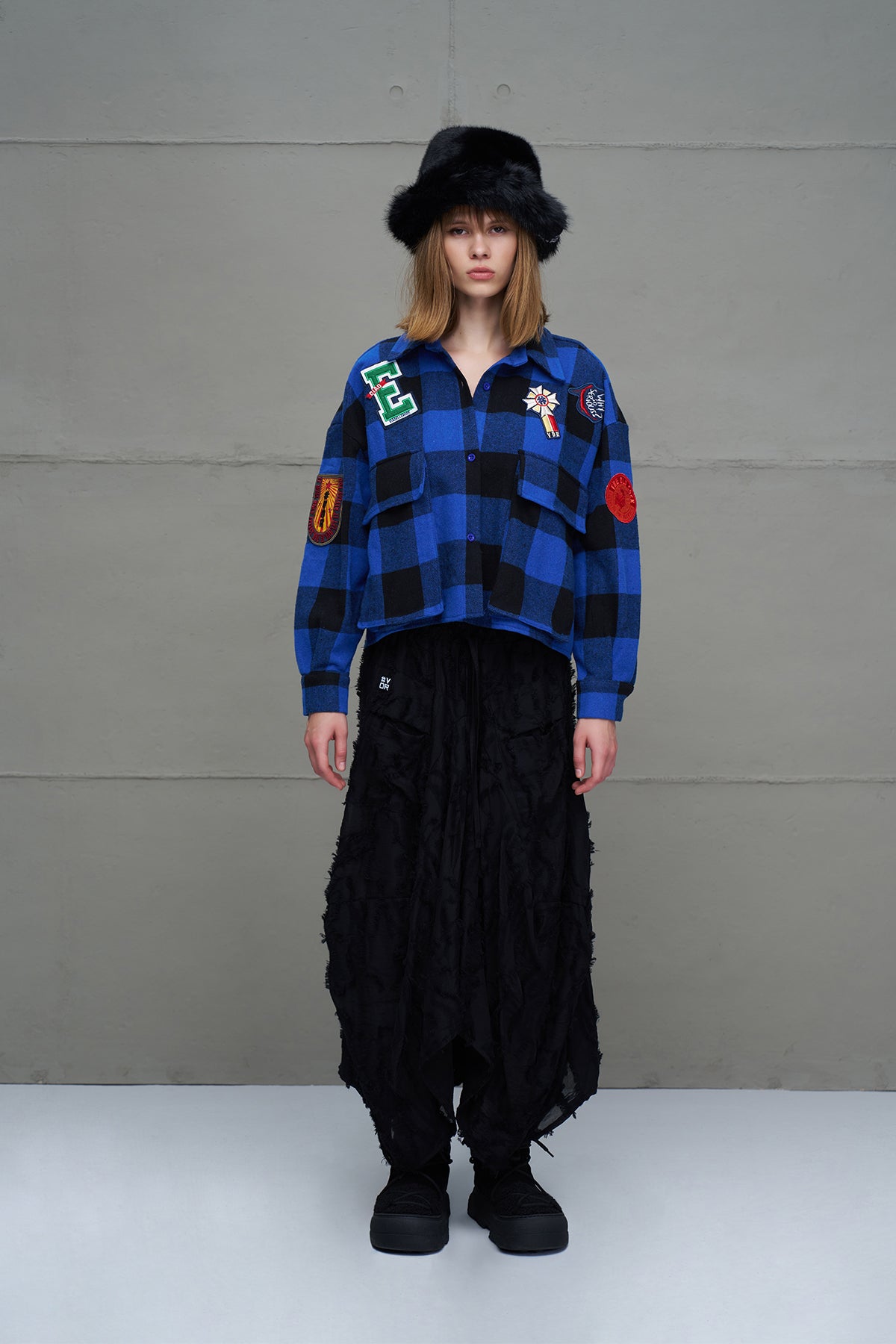Saks Mavisi Siyah Ekose Oversize Gömlek 18116