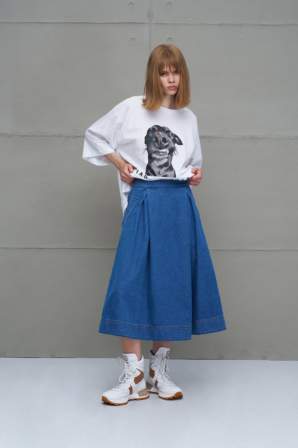 Mavi Pileli Denim Midi Etek 18147