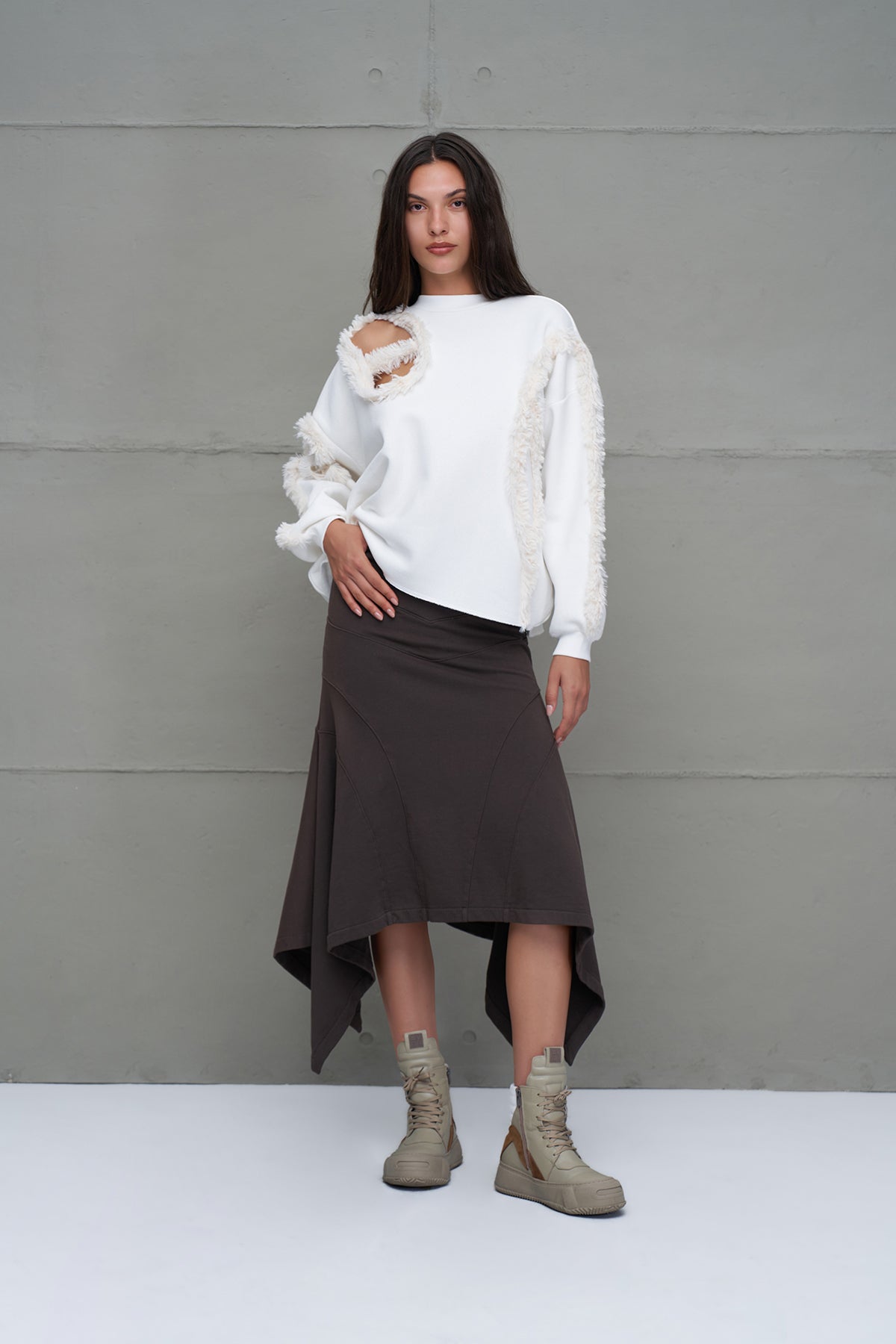 Ekru Kürk Görünümlü Oversize Sweatshirt 18150