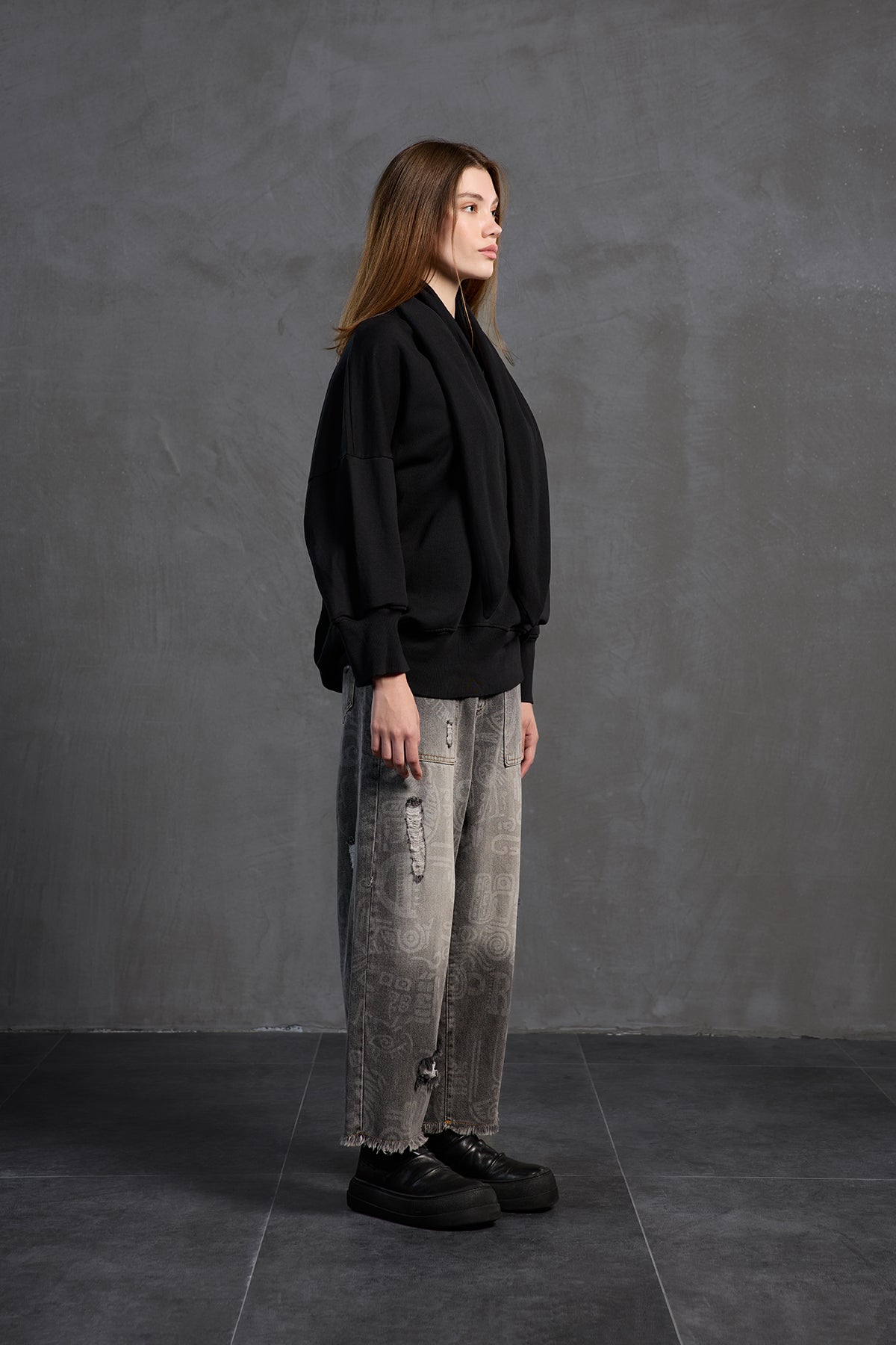 Siyah Sal Detayli Oversize Sweatshirt 18162