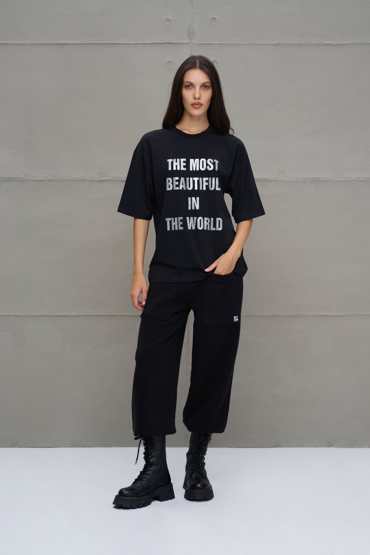 Siyah Sloganli Oversize T-Shirt 18169