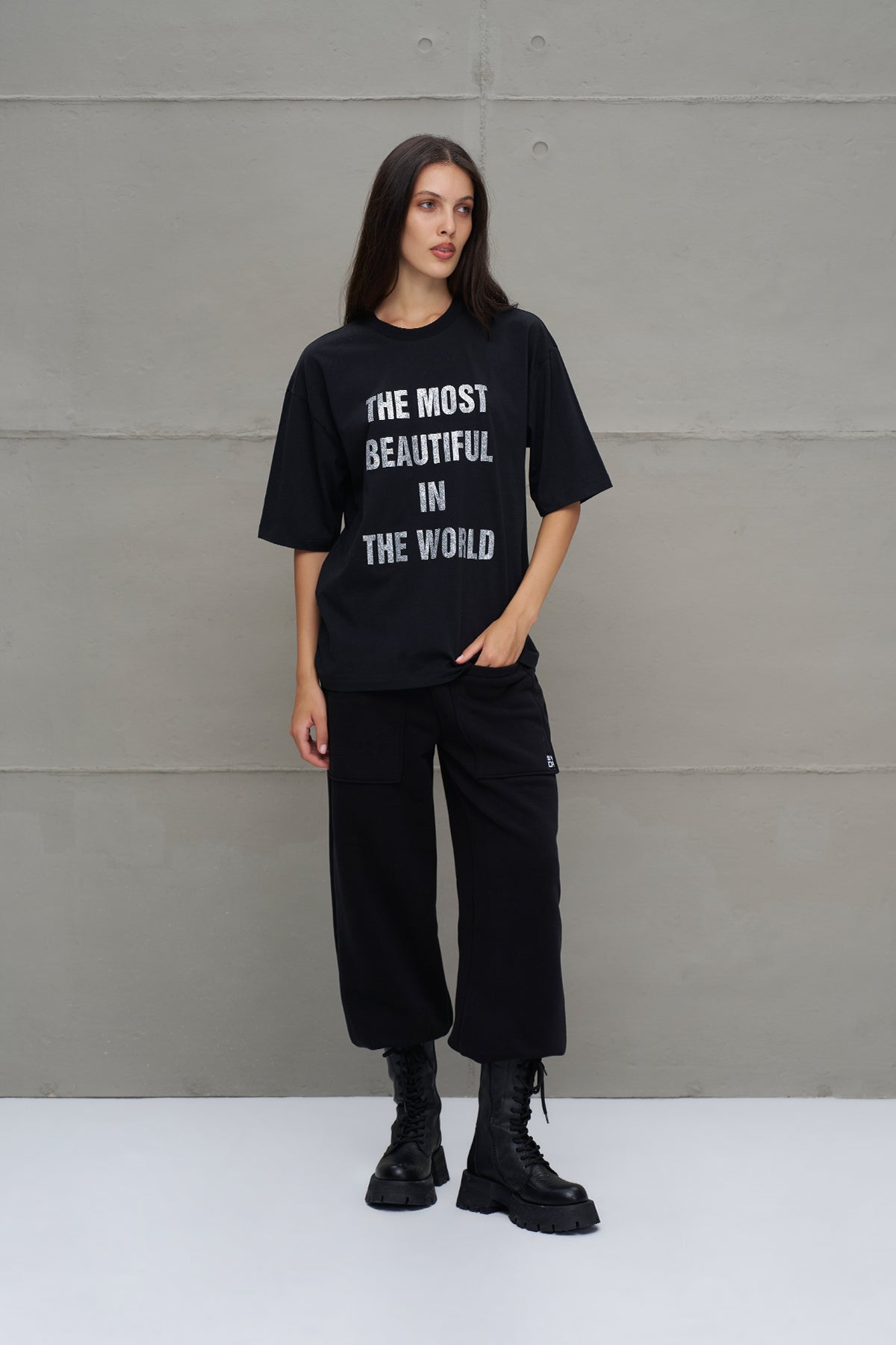 Siyah Sloganli Oversize T-Shirt 18169