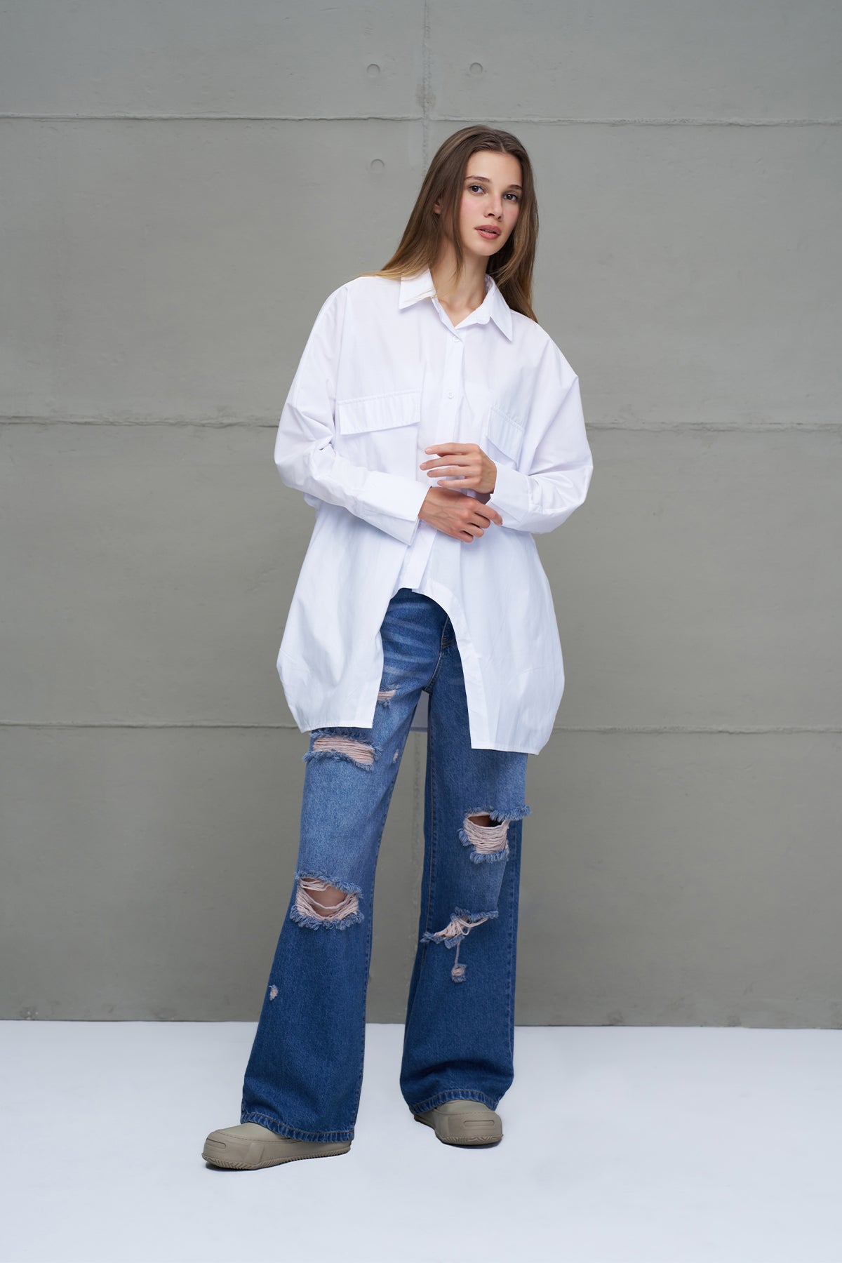 Beyaz Oversize Poplin Gömlek 18179