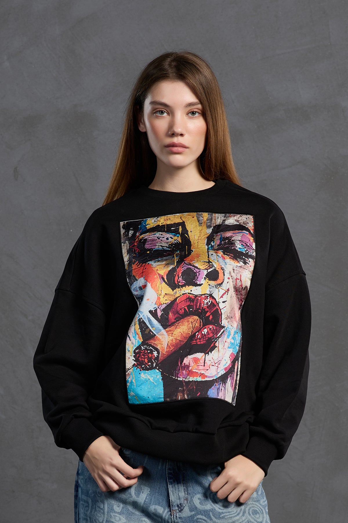 Siyah Pop-Art Baskili Oversize Sweatshirt 18216