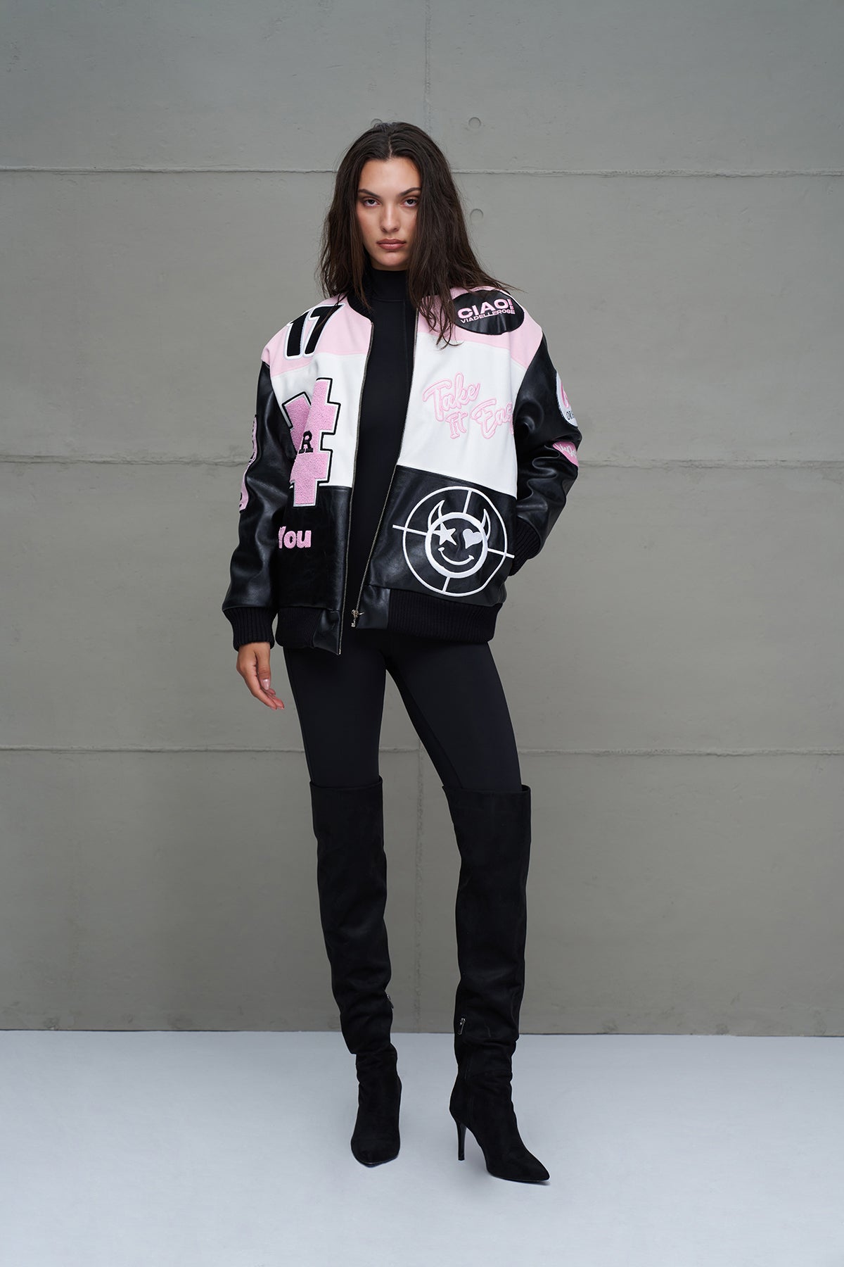 Siyah Pembe Beyaz Oversize Pilot Ceket 18235