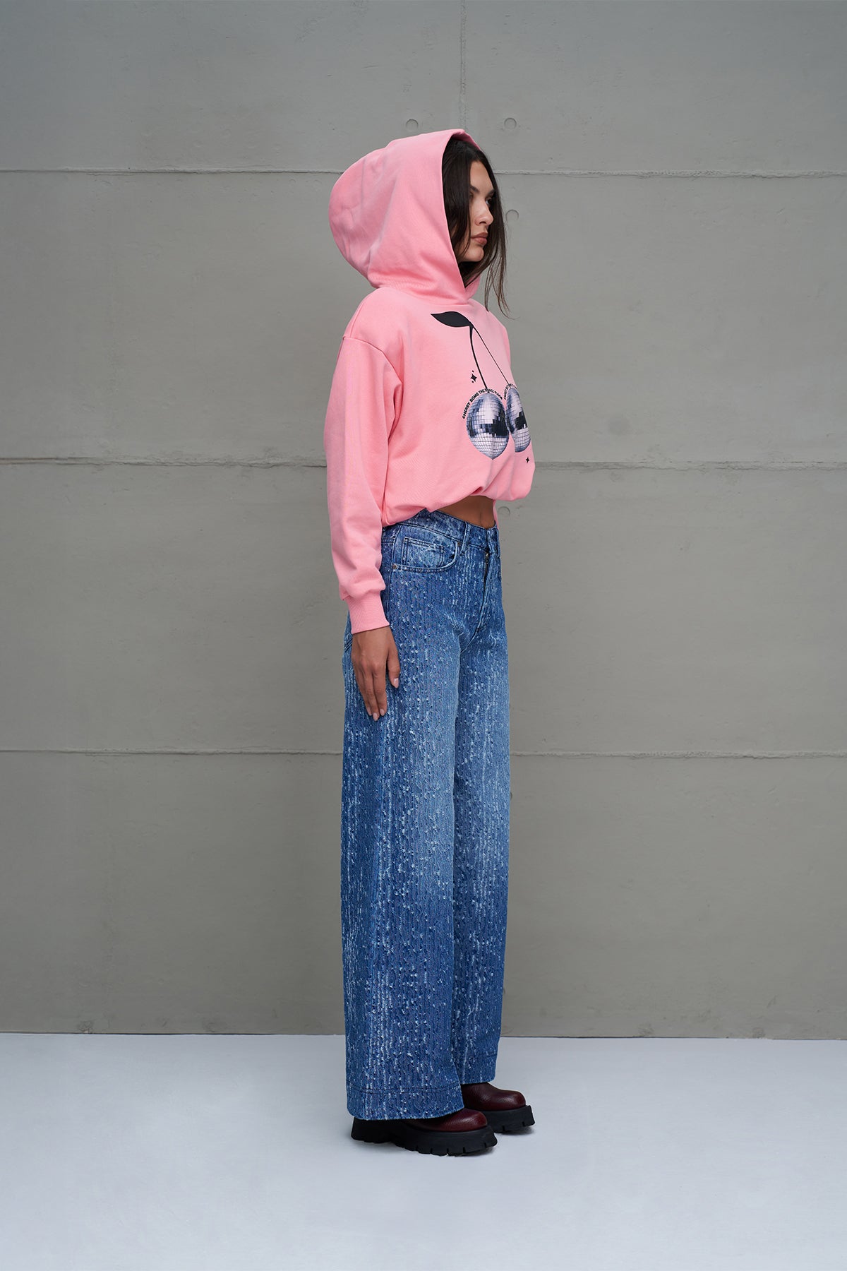 Pembe Crop Kapüsonlu Sweatshirt 18259