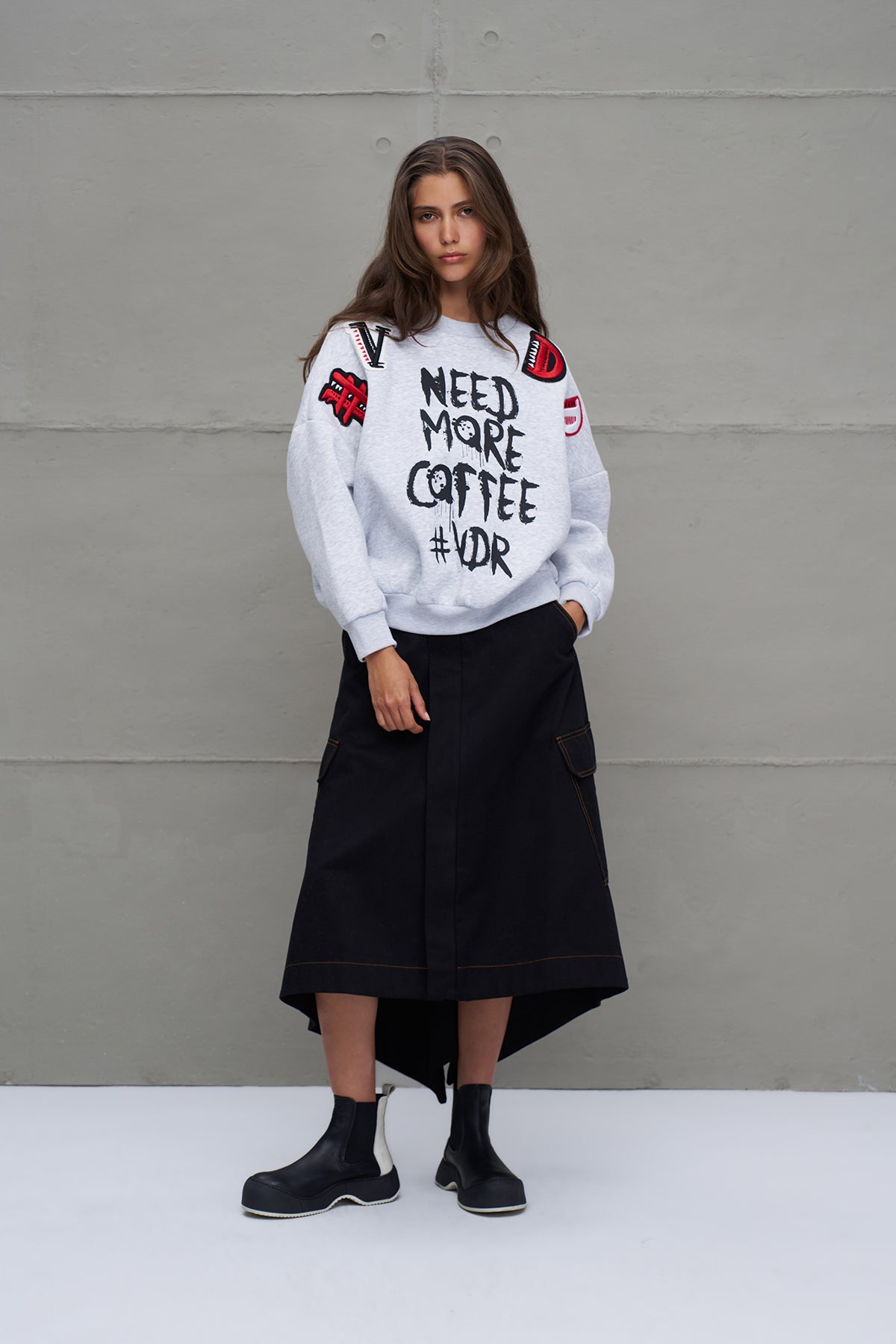 Gri Melanj Sloganli Oversize Sweatshirt 18262