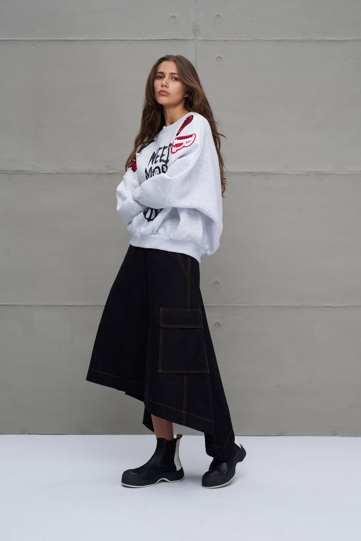 Gri Melanj Sloganli Oversize Sweatshirt 18262