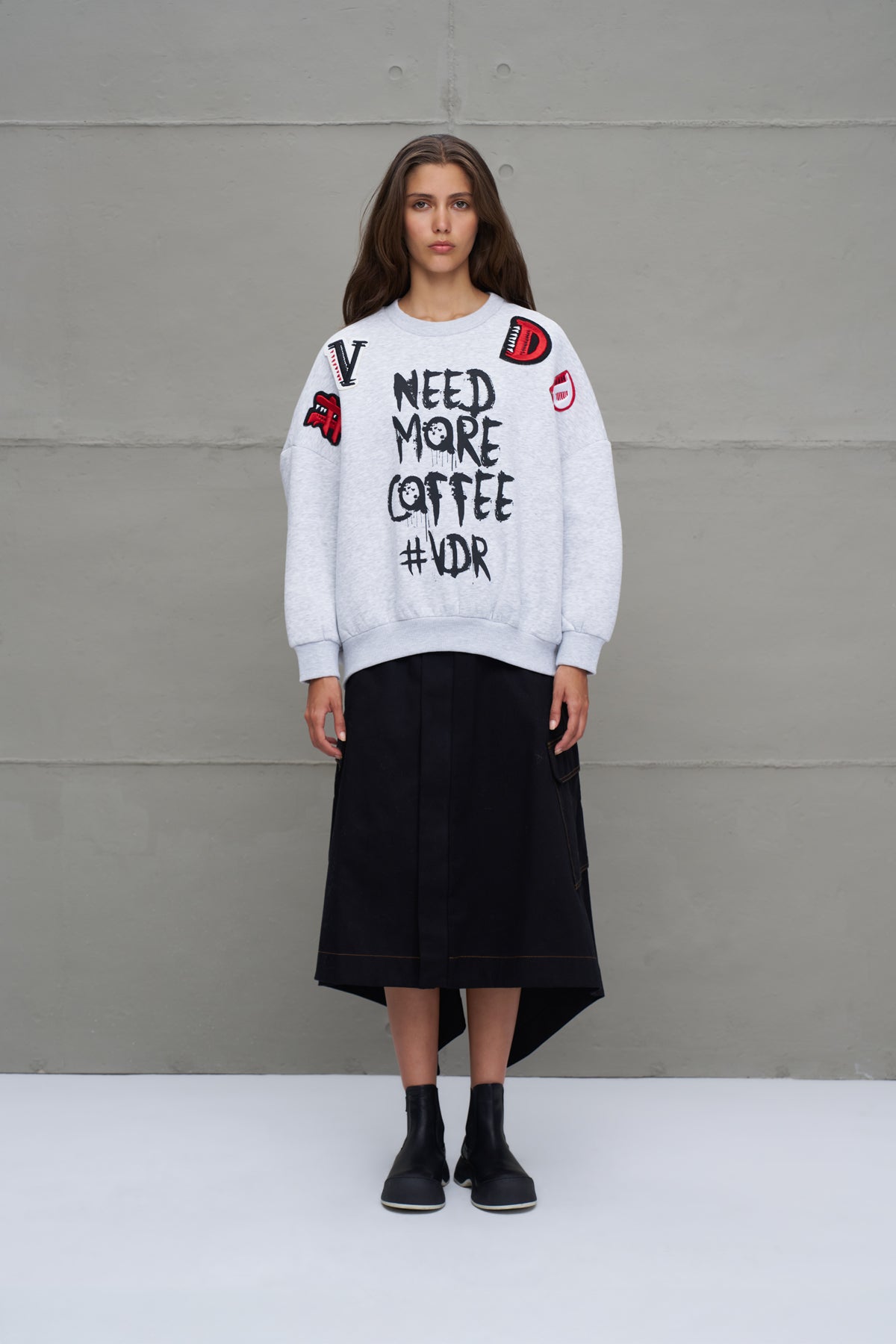 Gri Melanj Sloganli Oversize Sweatshirt 18262