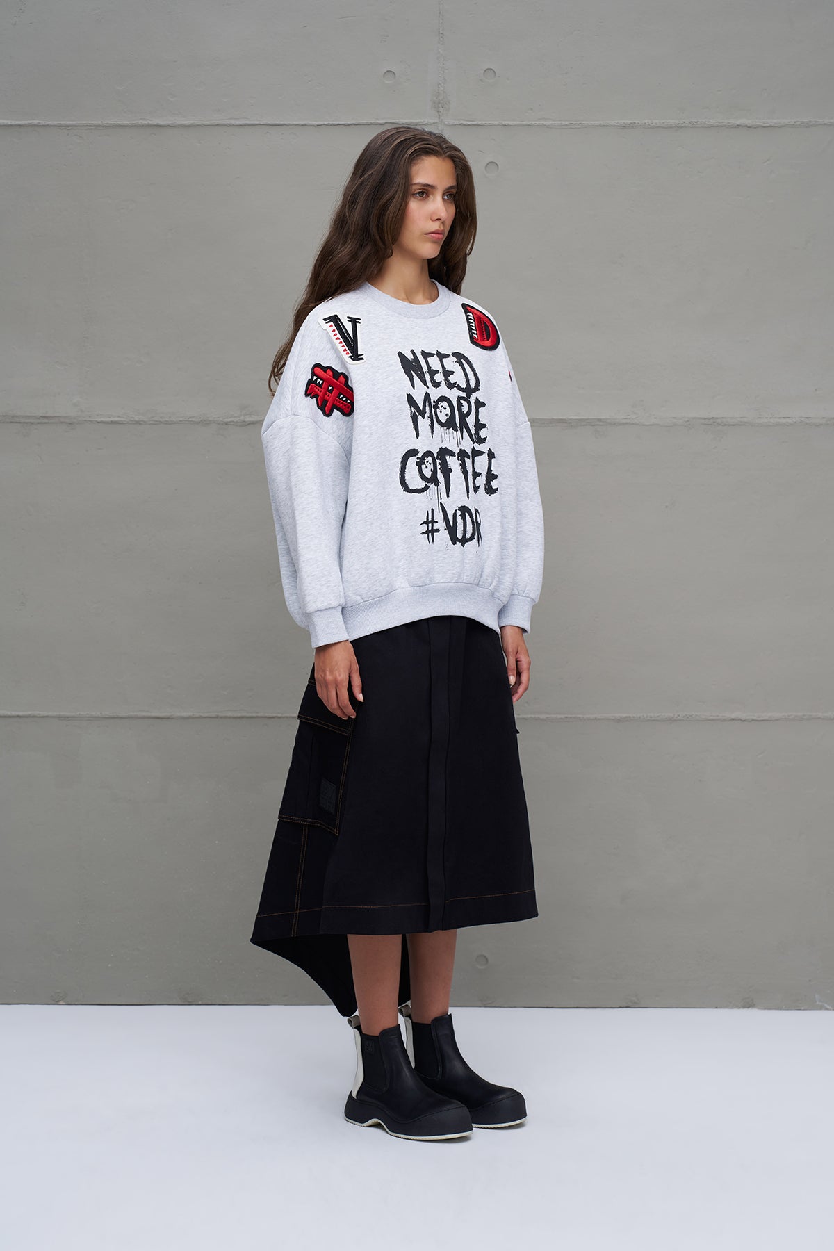 Gri Melanj Sloganli Oversize Sweatshirt 18262