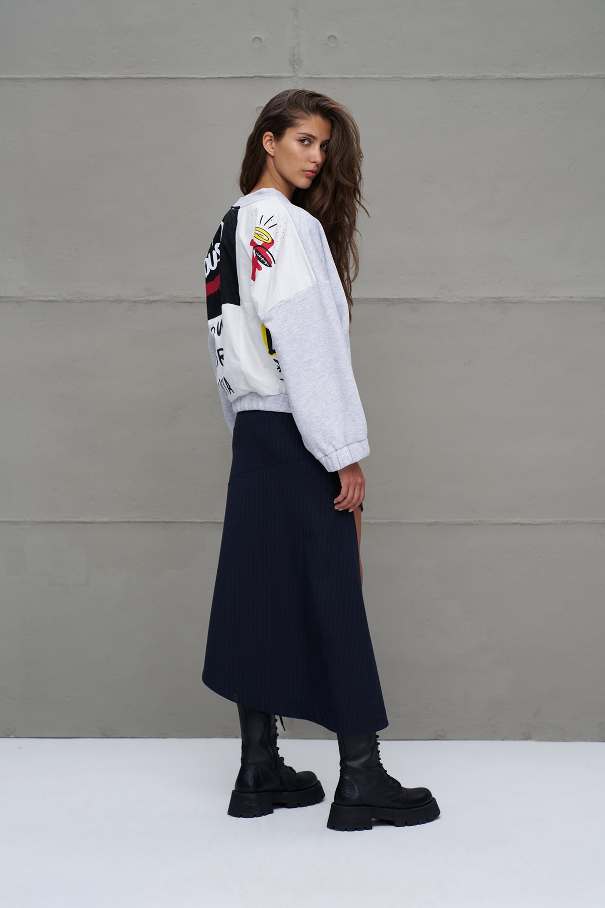 Gri Melanj Balon Kollu Oversize Sweatshirt 18264