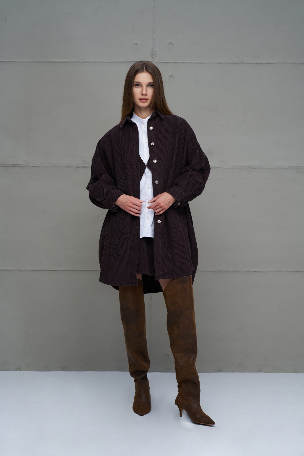 Kahverengi Fitilli Kadife Oversize Gömlek 18267