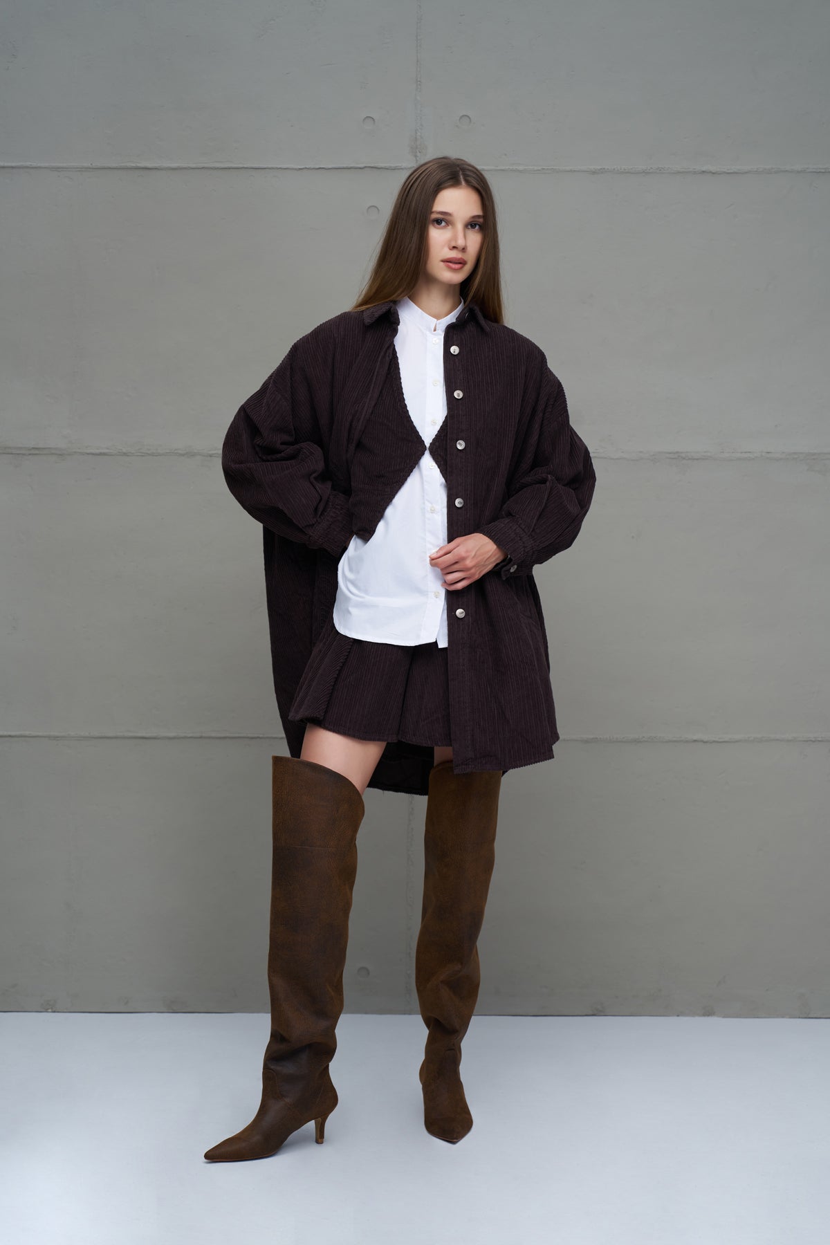 Kahverengi Fitilli Kadife Oversize Gömlek 18267