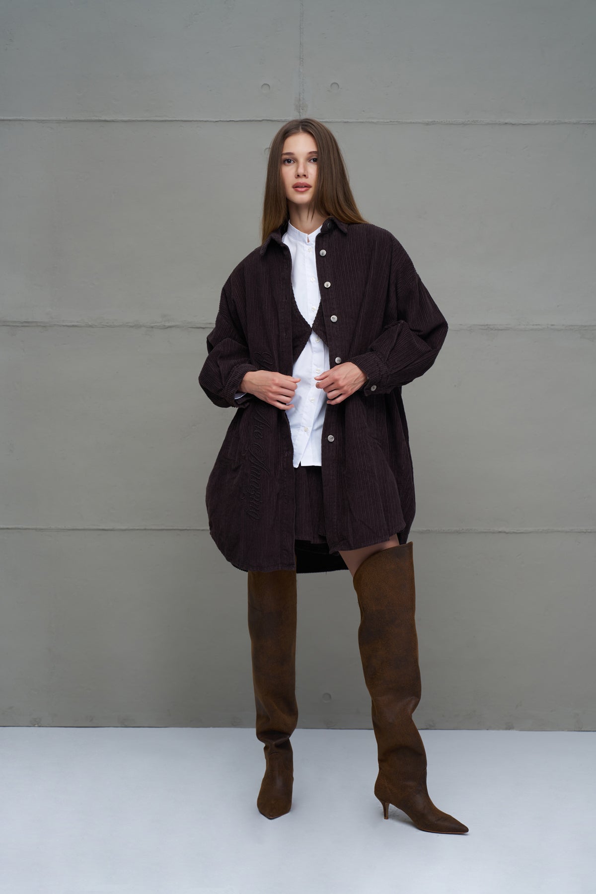 Kahverengi Fitilli Kadife Oversize Gömlek 18267
