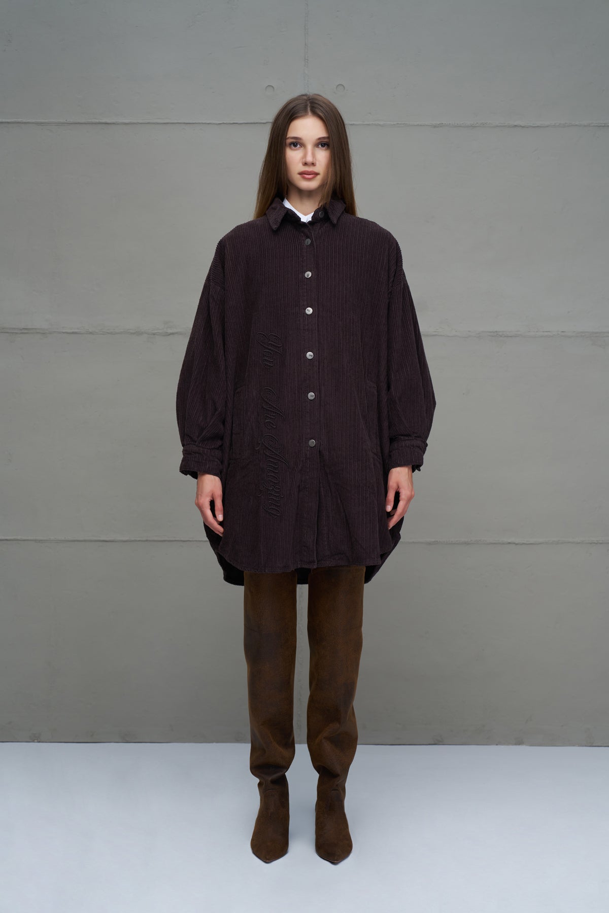 Kahverengi Fitilli Kadife Oversize Gömlek 18267
