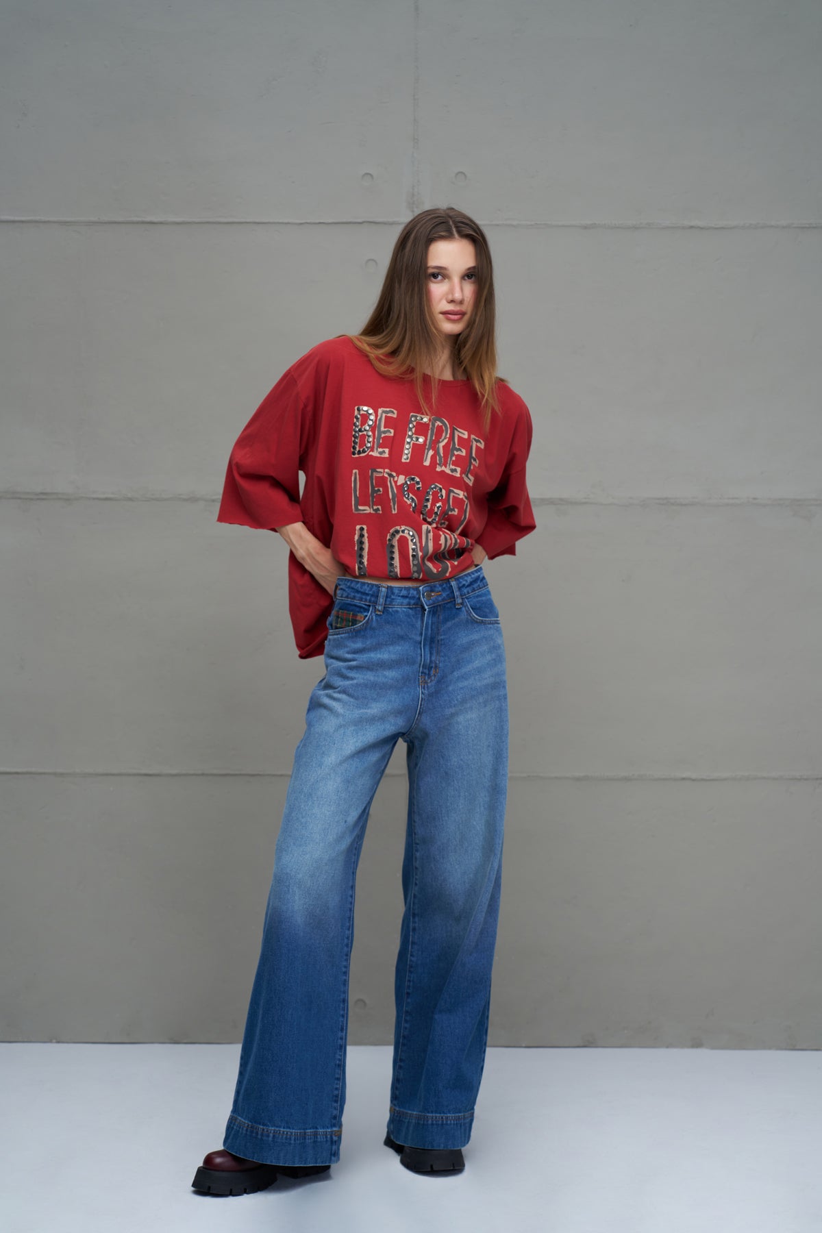Mavi Ekose Detayli Oversize Denim Pantolon 18269