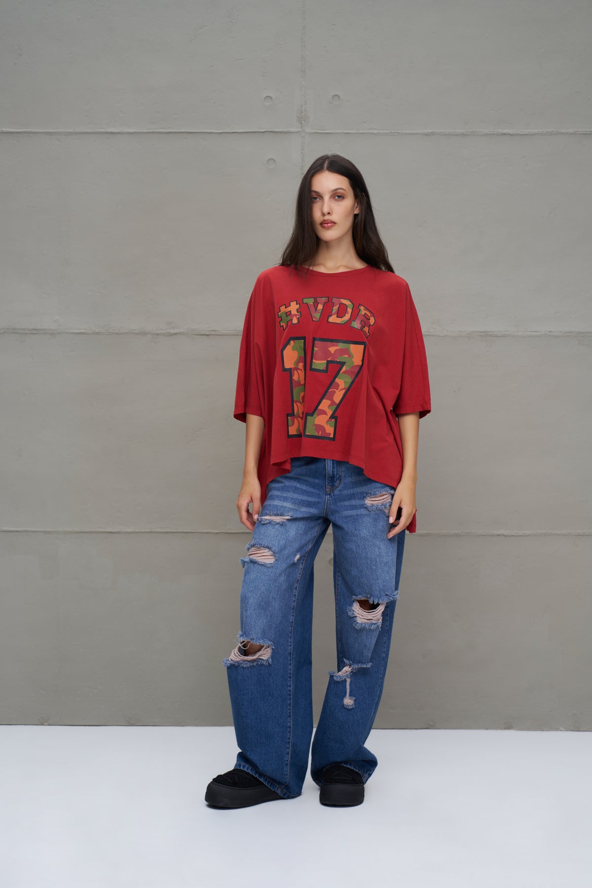 Bordo Baskili Asimetrik Oversize T-Shirt 18282
