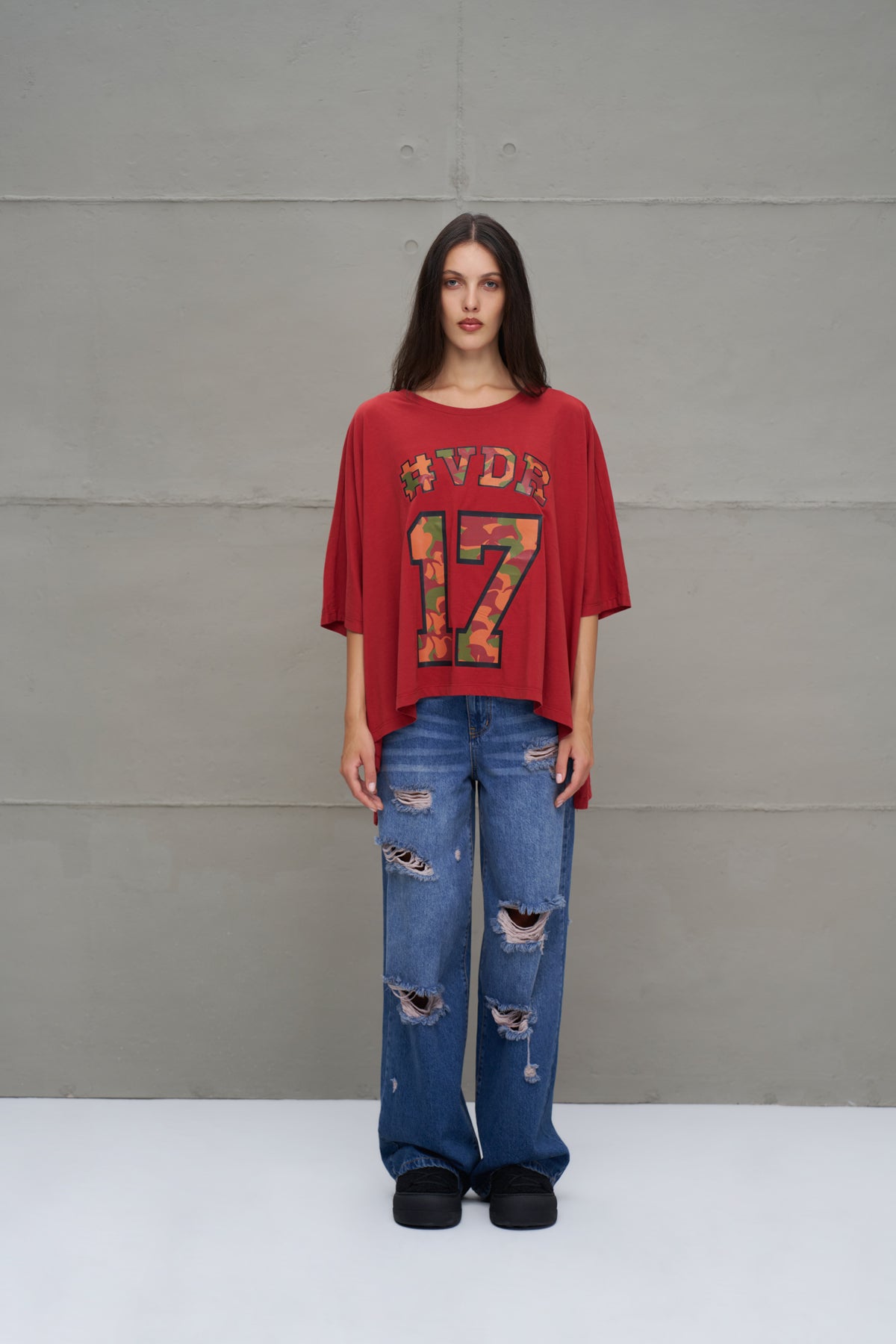 Bordo Baskili Asimetrik Oversize T-Shirt 18282