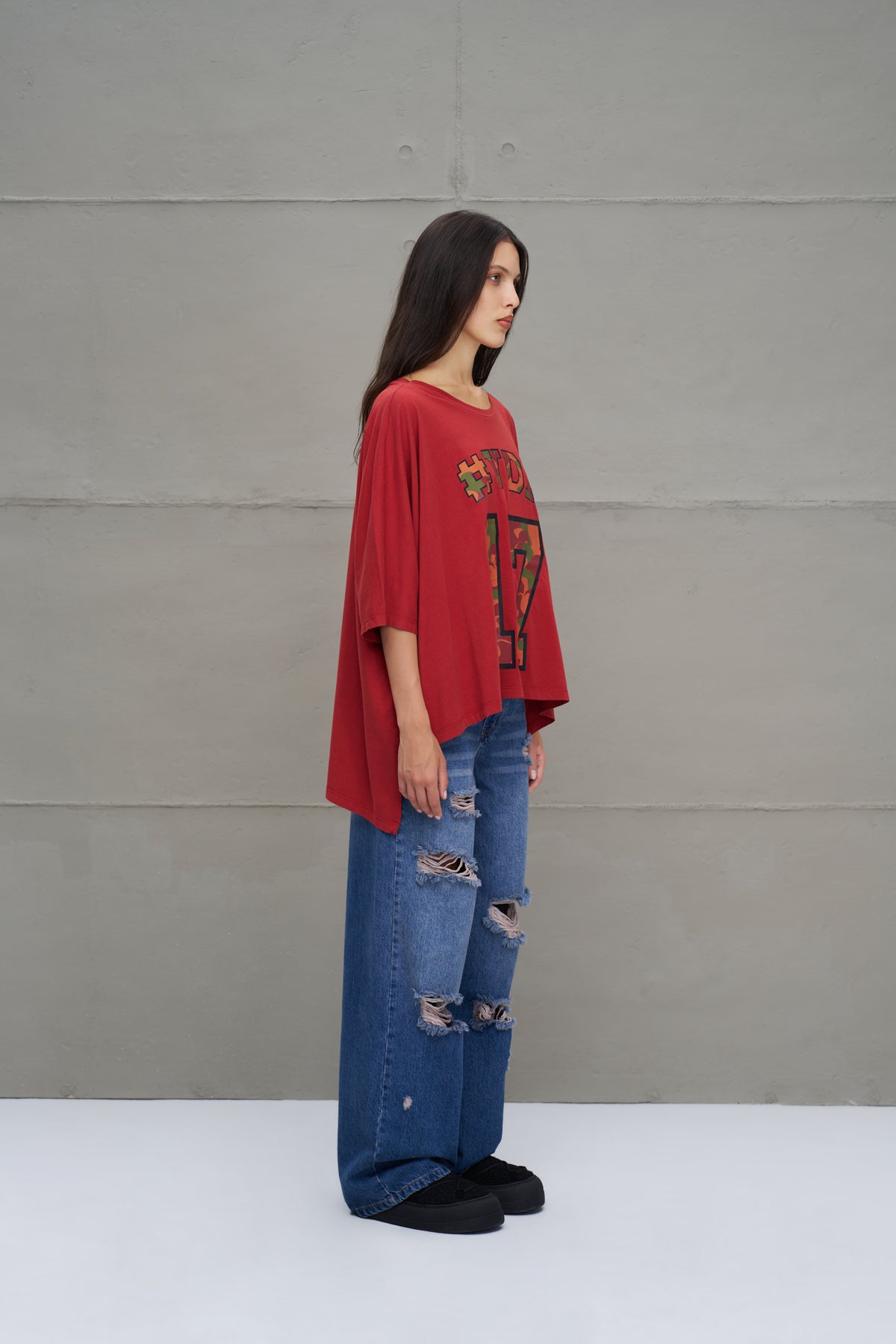 Bordo Baskili Asimetrik Oversize T-Shirt 18282